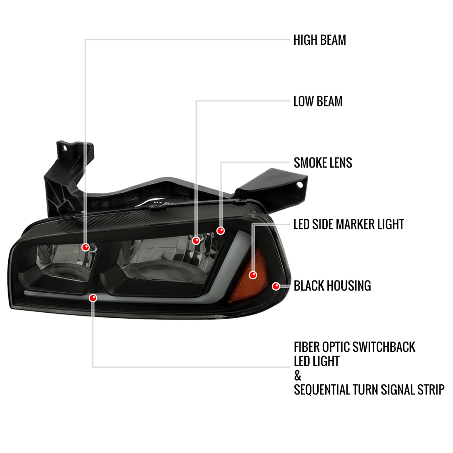 2006-2010 Dodge Charger Sequential LED Bar Factory Headlights Matt Smoke