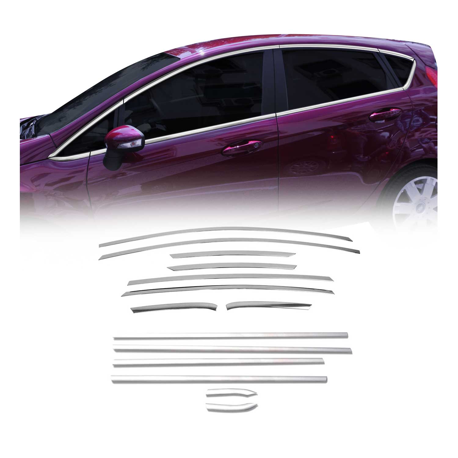 Window Molding Trim Set Streamer for Ford Fiesta 2011-2019 Stainless Steel 16Pcs