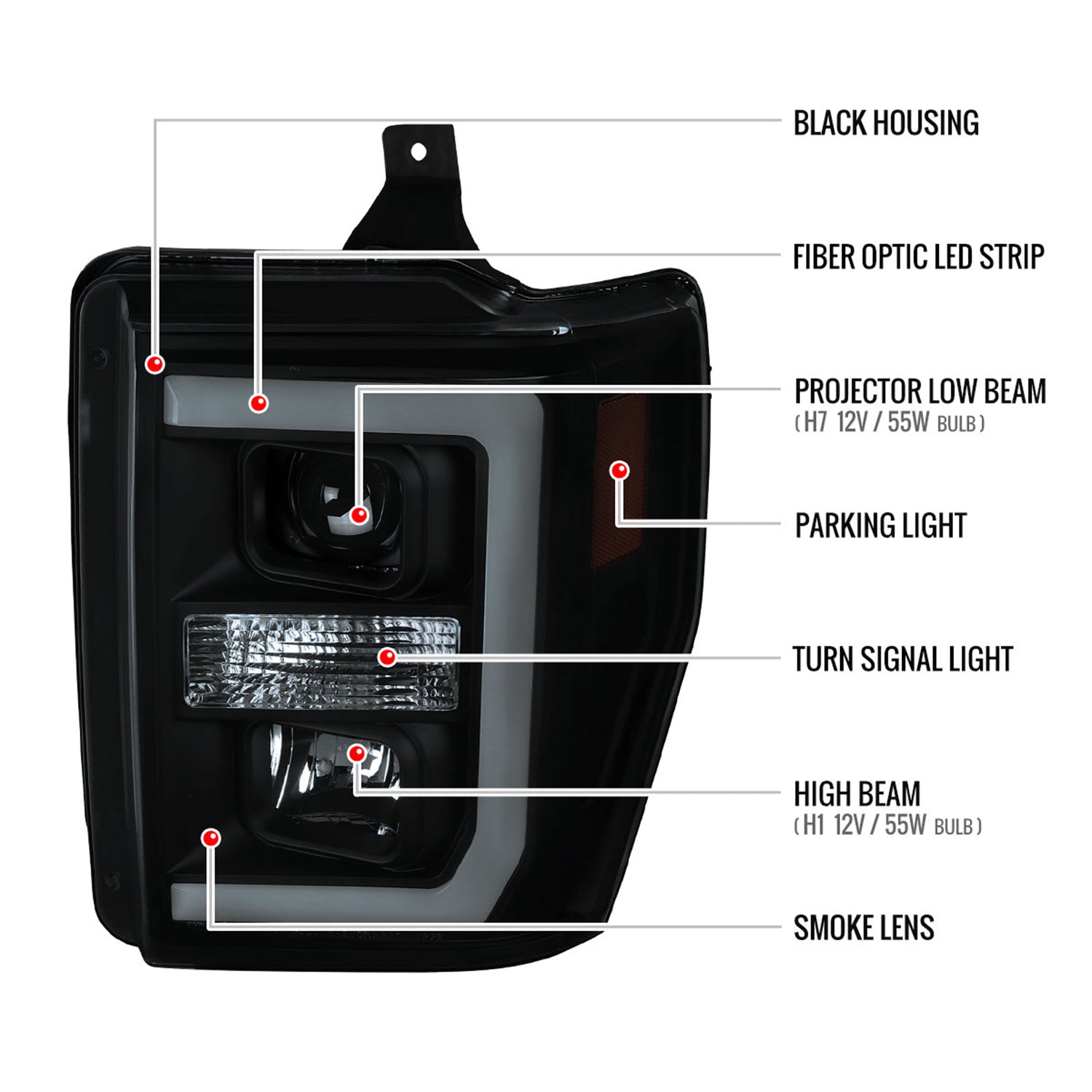 2008-2010 Ford F-250 F-350 F-450 LED C-Bar Projector Headlight Black/Smoke