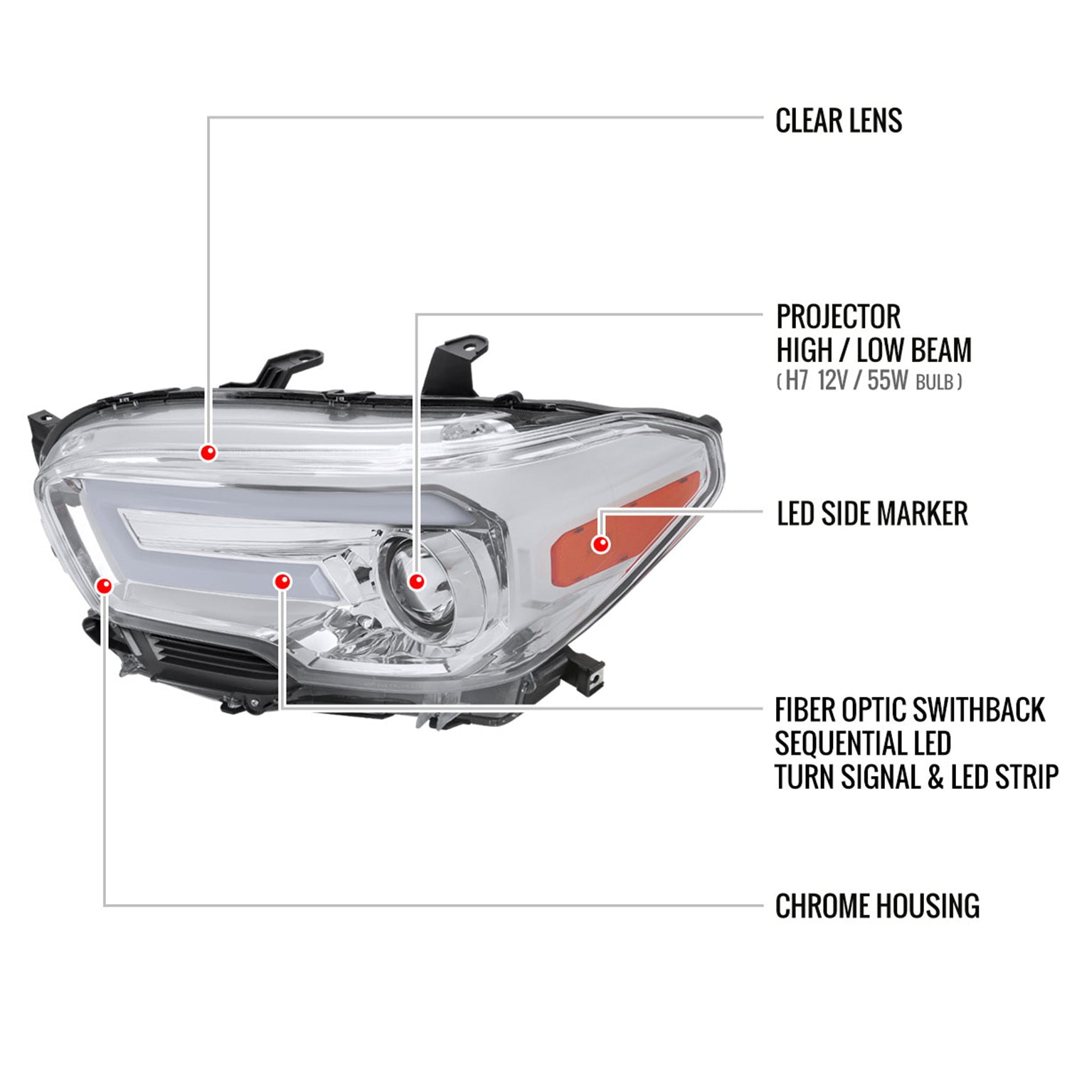 2016-2023 Toyota Tacoma Sequential LED Bar Projector Headlights Chrome