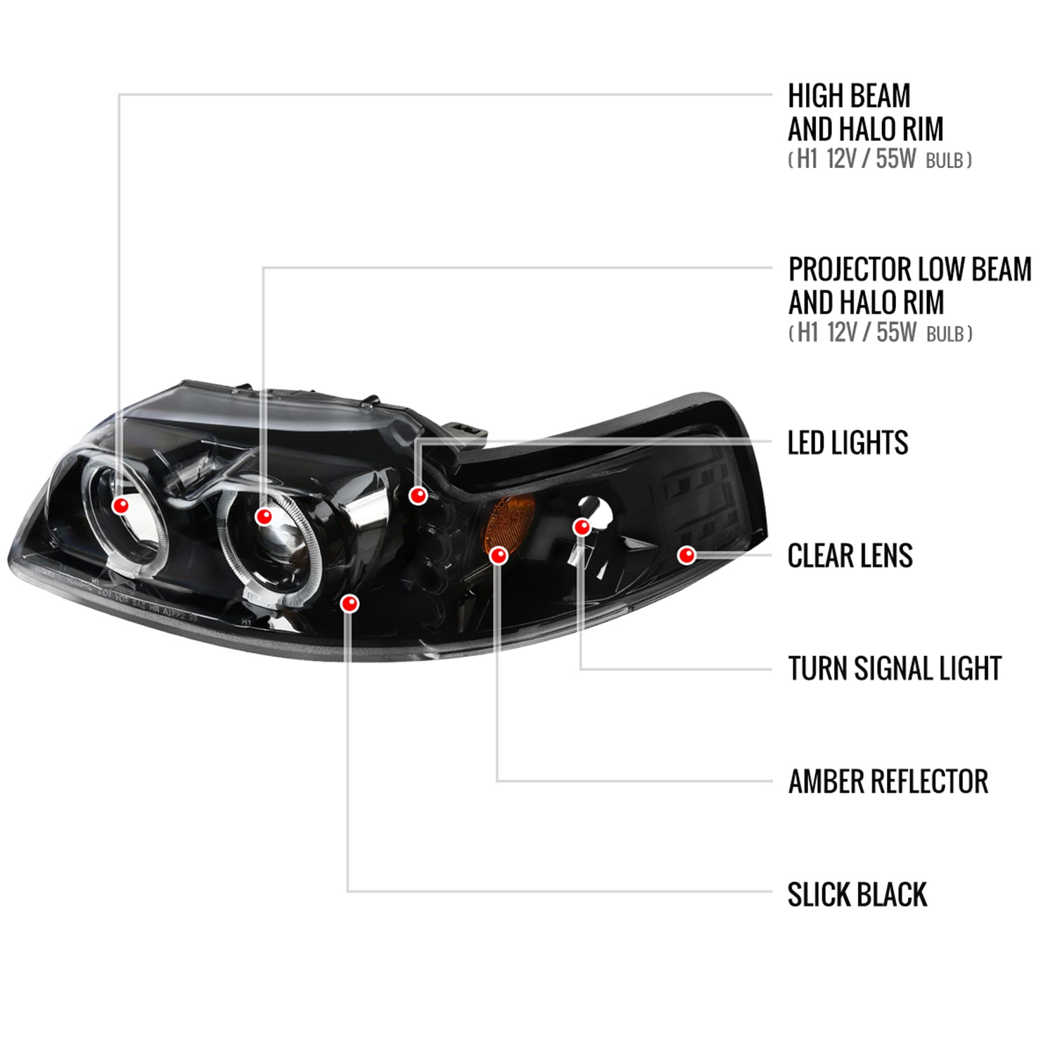 1999-2004 Ford Mustang Dual Halo Projector Headlights Jet Black/Clear Lens