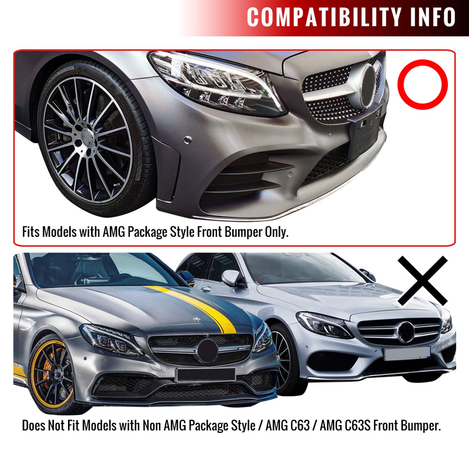 2019-2021 Mercedes Benz W205 C Class Glossy Black 3Pcs Bumper Lip Spoiler