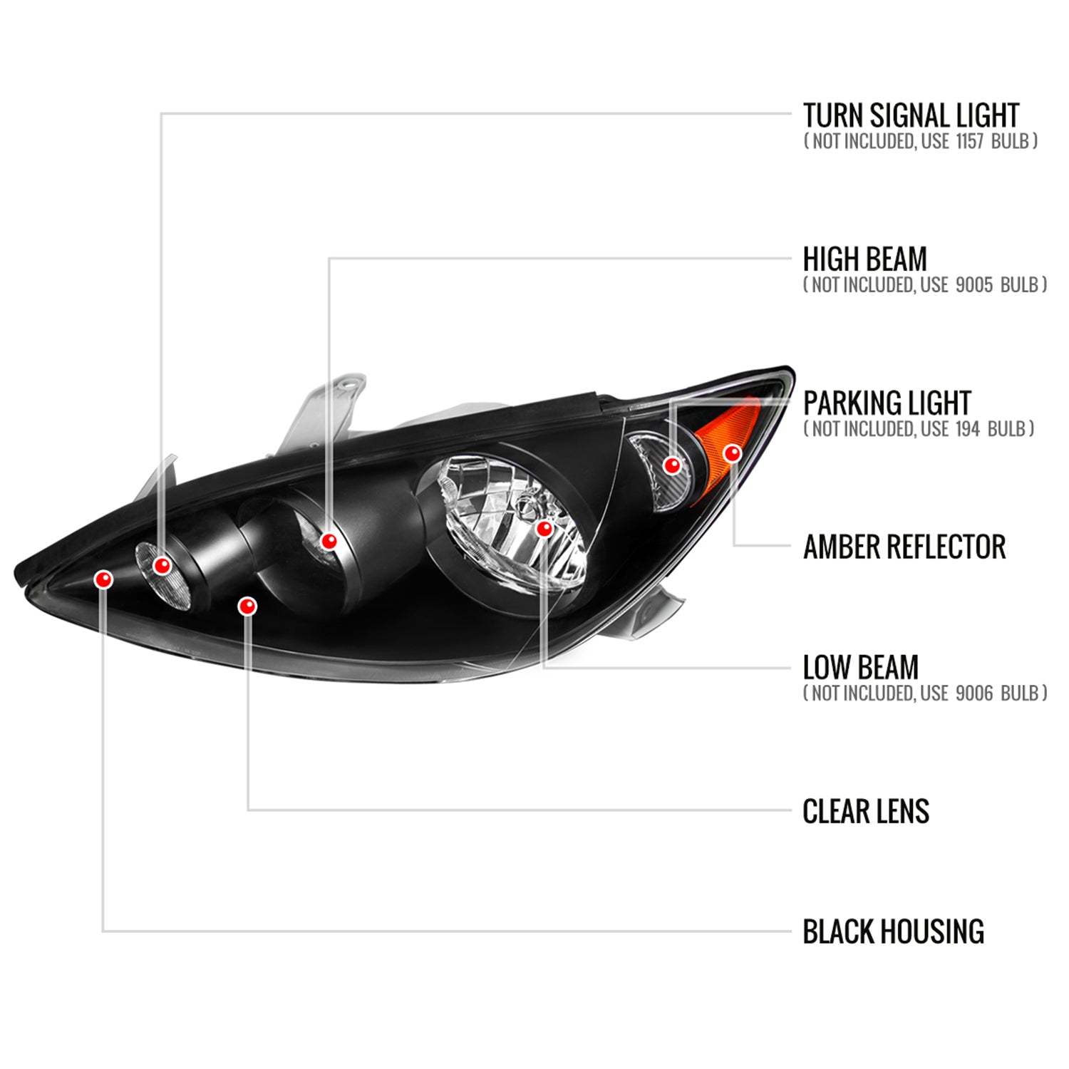 2005-2006 Toyota Camry Factory Crystal Headlights Amber Reflector Matt Black