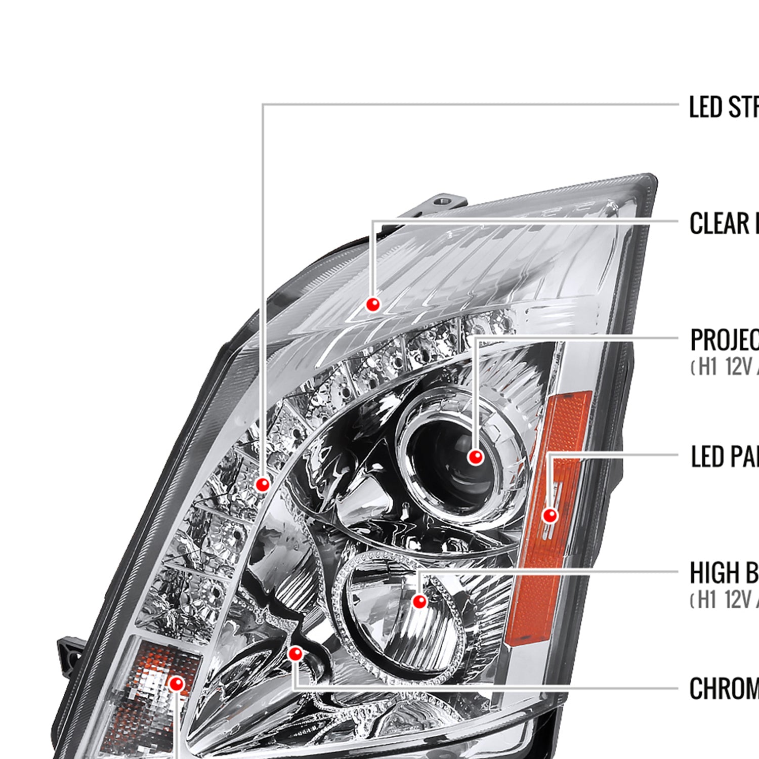 2008-2014 Cadillac CTS Projector Headlights w/LED Light Strip Chrome/Clear
