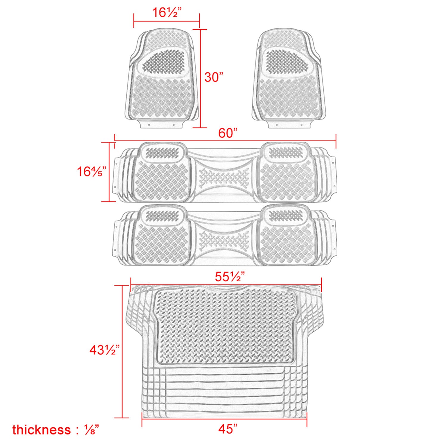 Universal fit Rubber Car Floor Mats Trunk Cargo Liner All Weather 5Pcs Gray