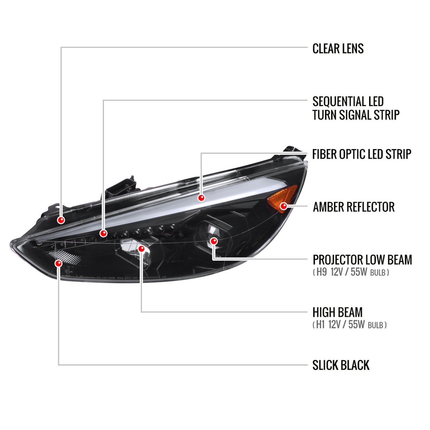 2015-2018 Ford Focus LED Signal Projector Headlights Jet Black/Clear