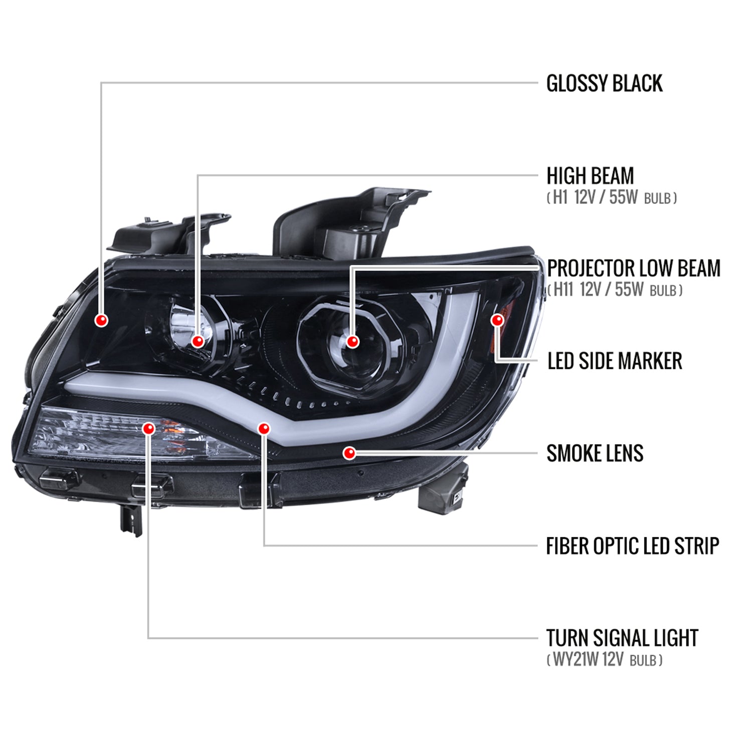 2015-2021 Chevy Colorado LED Bar Projector Headlights Glossy Black/Smoke Lens