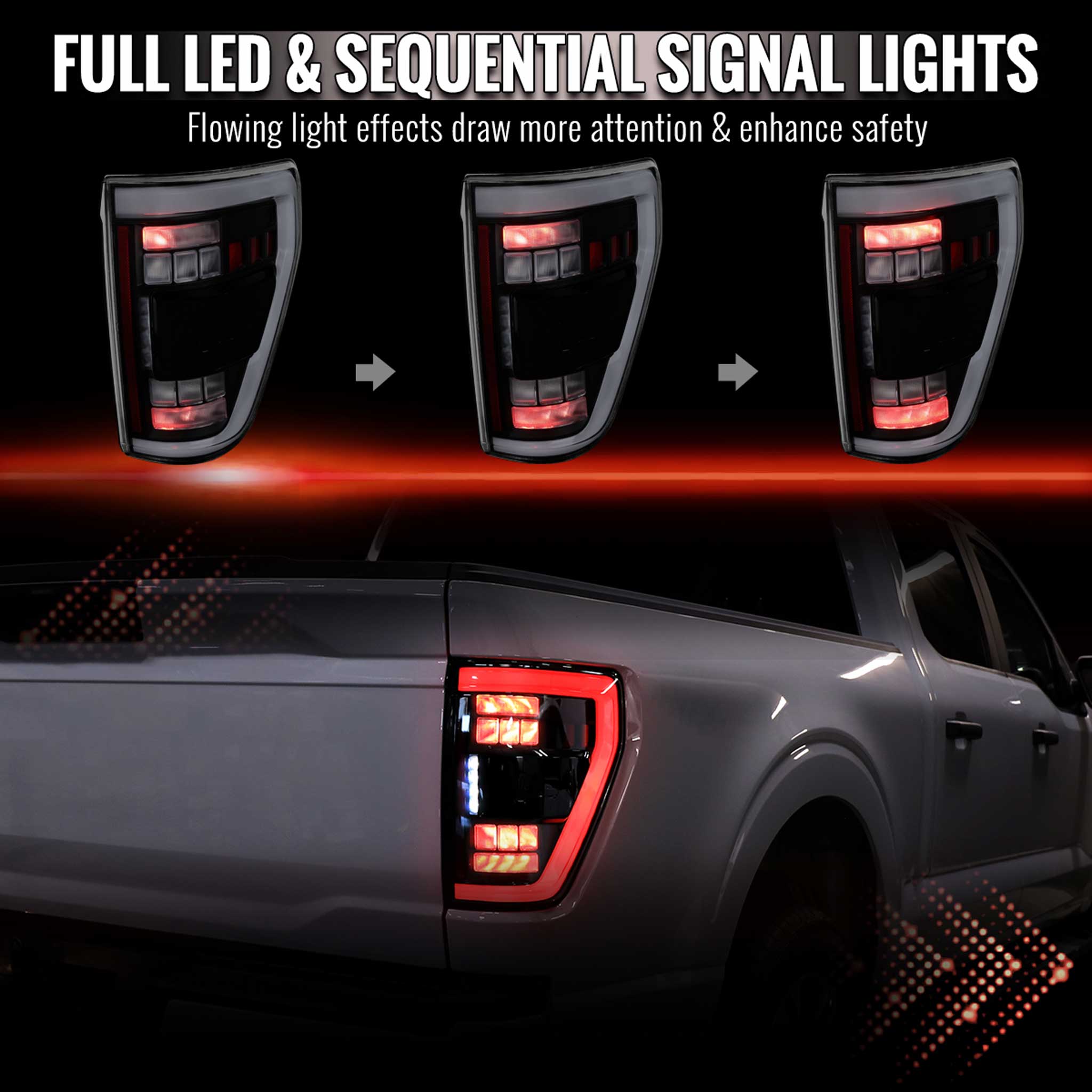 For Ford F-150 2021-2023 Full LED Tail Light Halogen Bulb Blind Spot Model Black Housing White Light Bar