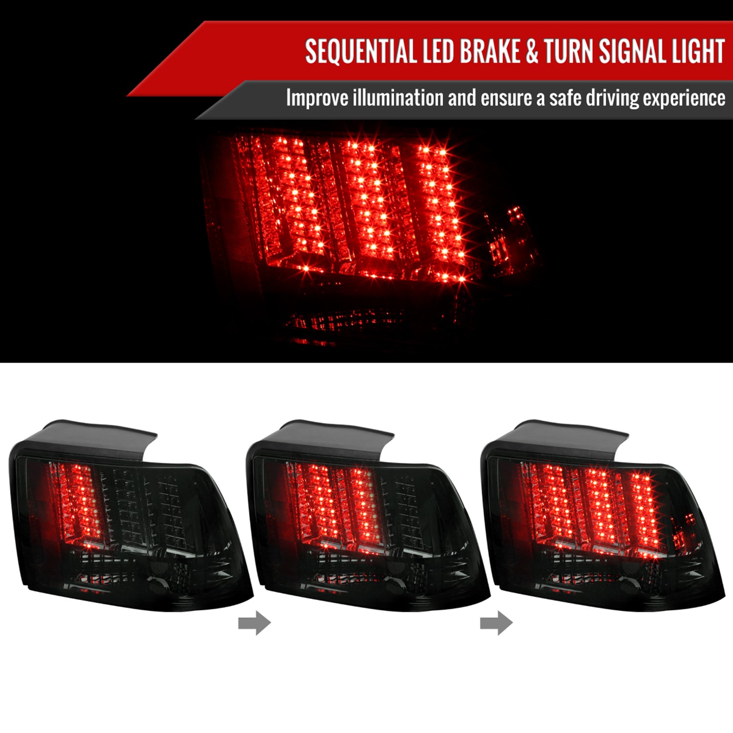 1999-2004 Ford Mustang Sequential LED Tail Lights - RS Chrome/Smoke Lens