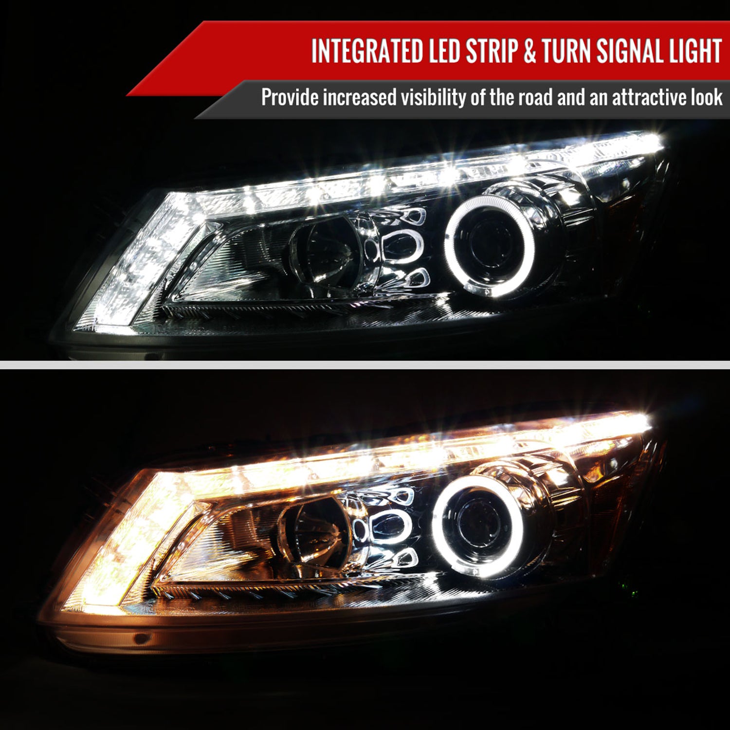 2008-2012 Honda Accord Sedan Single Halo Headlights LED Light& Signal Chrome