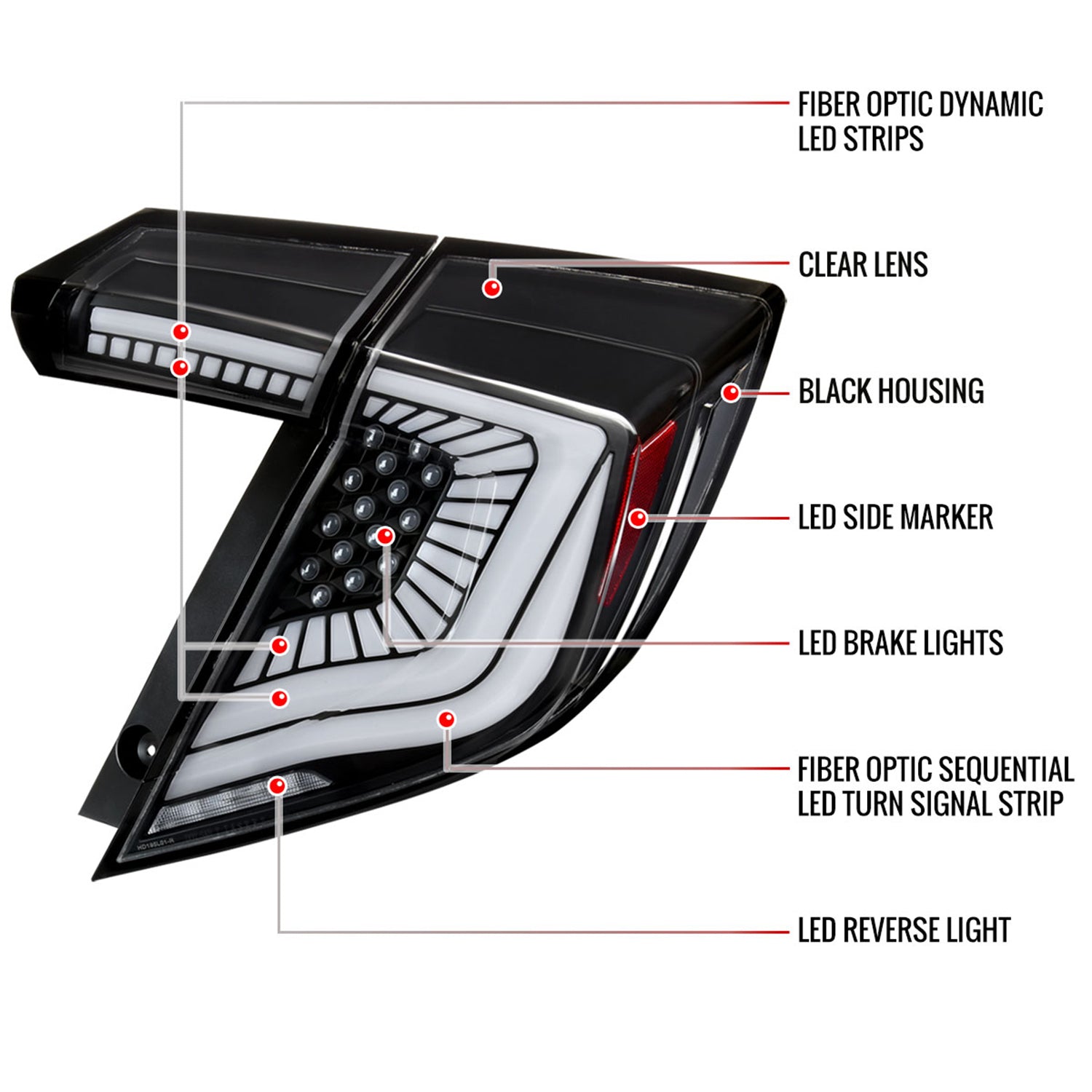 2017-2021 Honda Civic Hatchback Turn Signal LED Tail Lights Matt Black/Clear