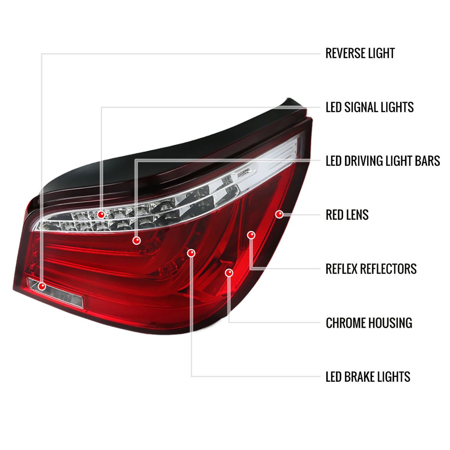2004-2007 BMW E60 5 Series Sedan LED Tail Lights Chrome/Red Clear Lens