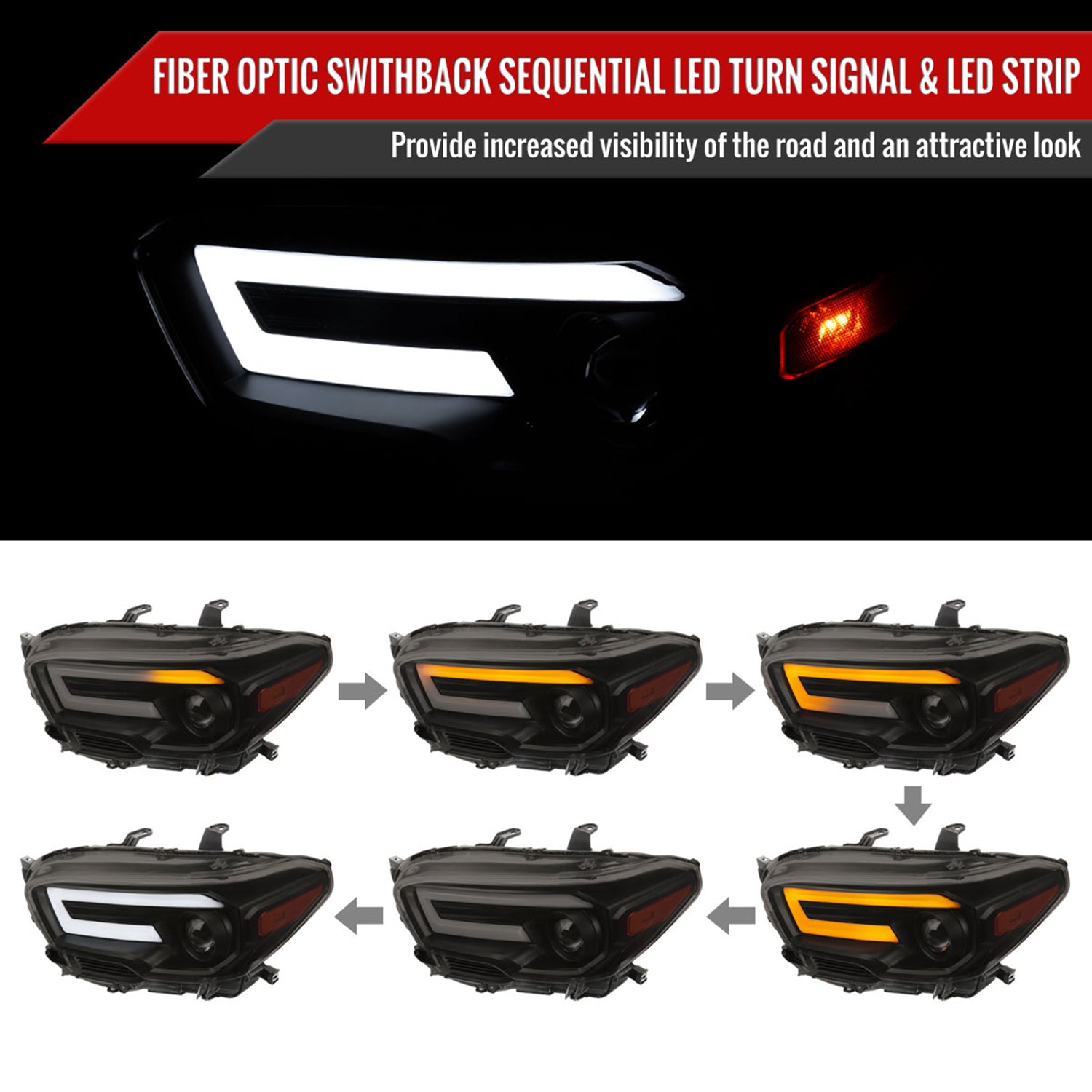 2016-2023 Toyota Tacoma Sequential LED Bar Projector Headlights Black/Smoke