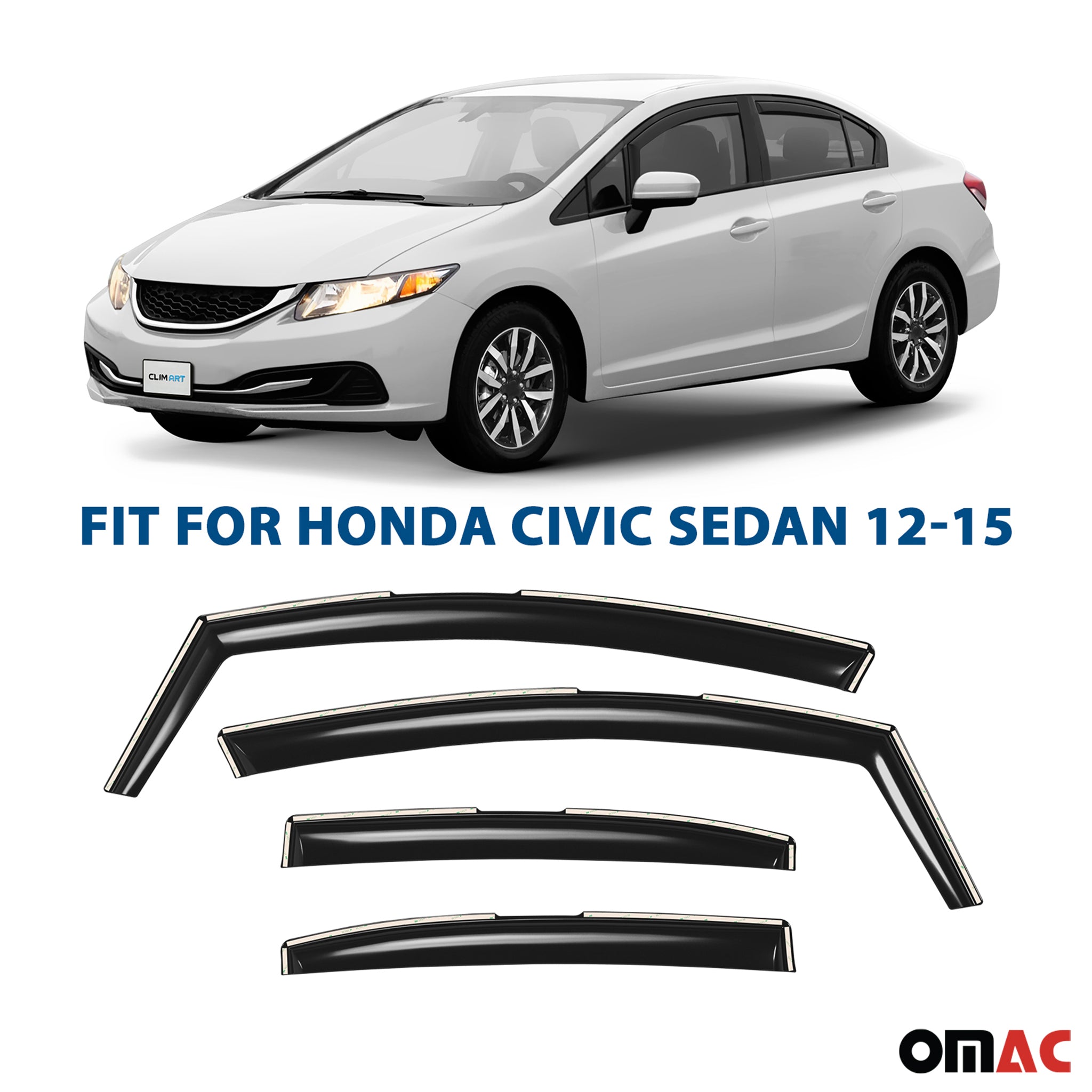 Clim Art Wind Deflectors for Honda Civic 2012-2015 Sedan Shatterproof 4 Pcs