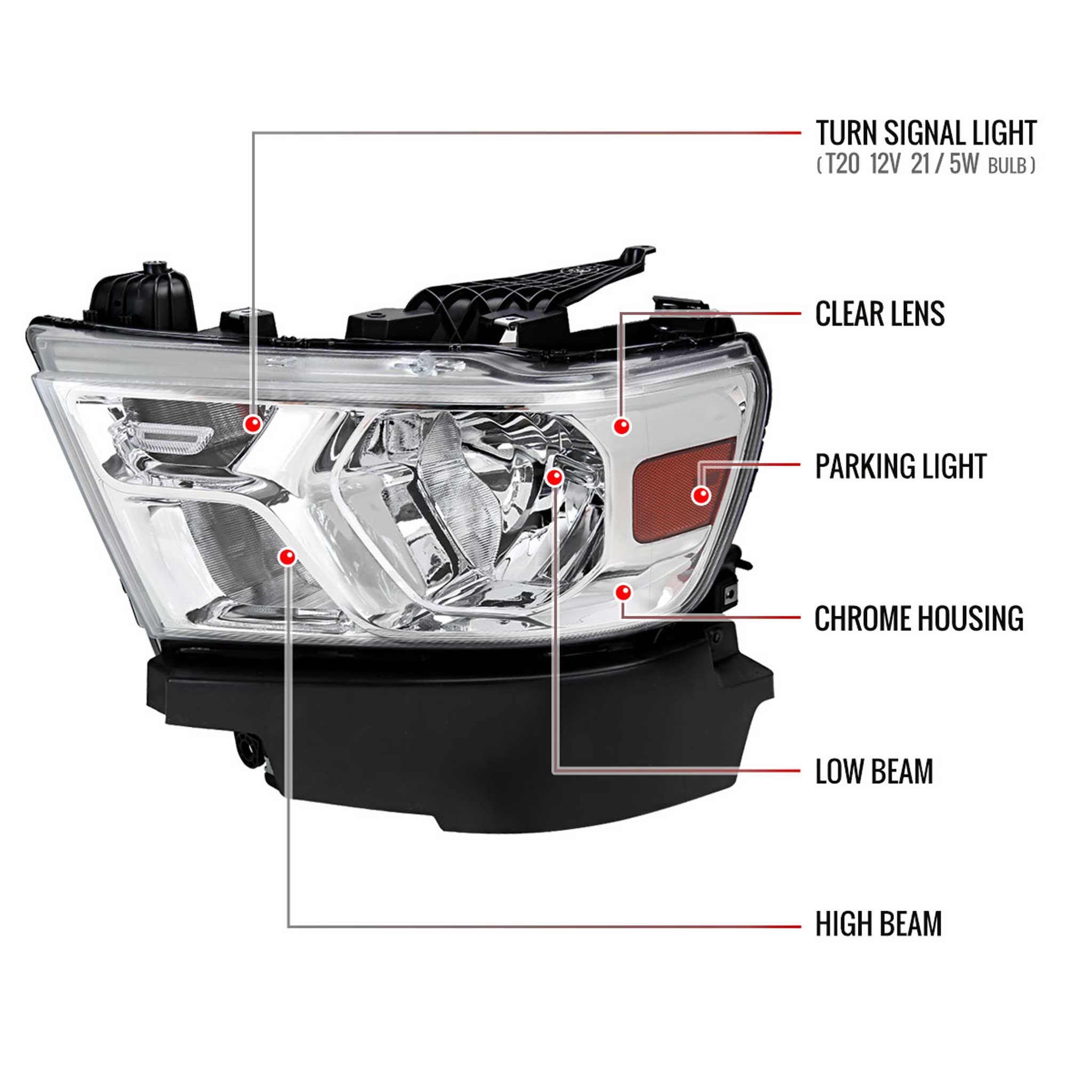 For Dodge RAM 1500 2019-2024 Factory Style Crystal Headlight  Driver Side Only Chrome Housing Clear Lens