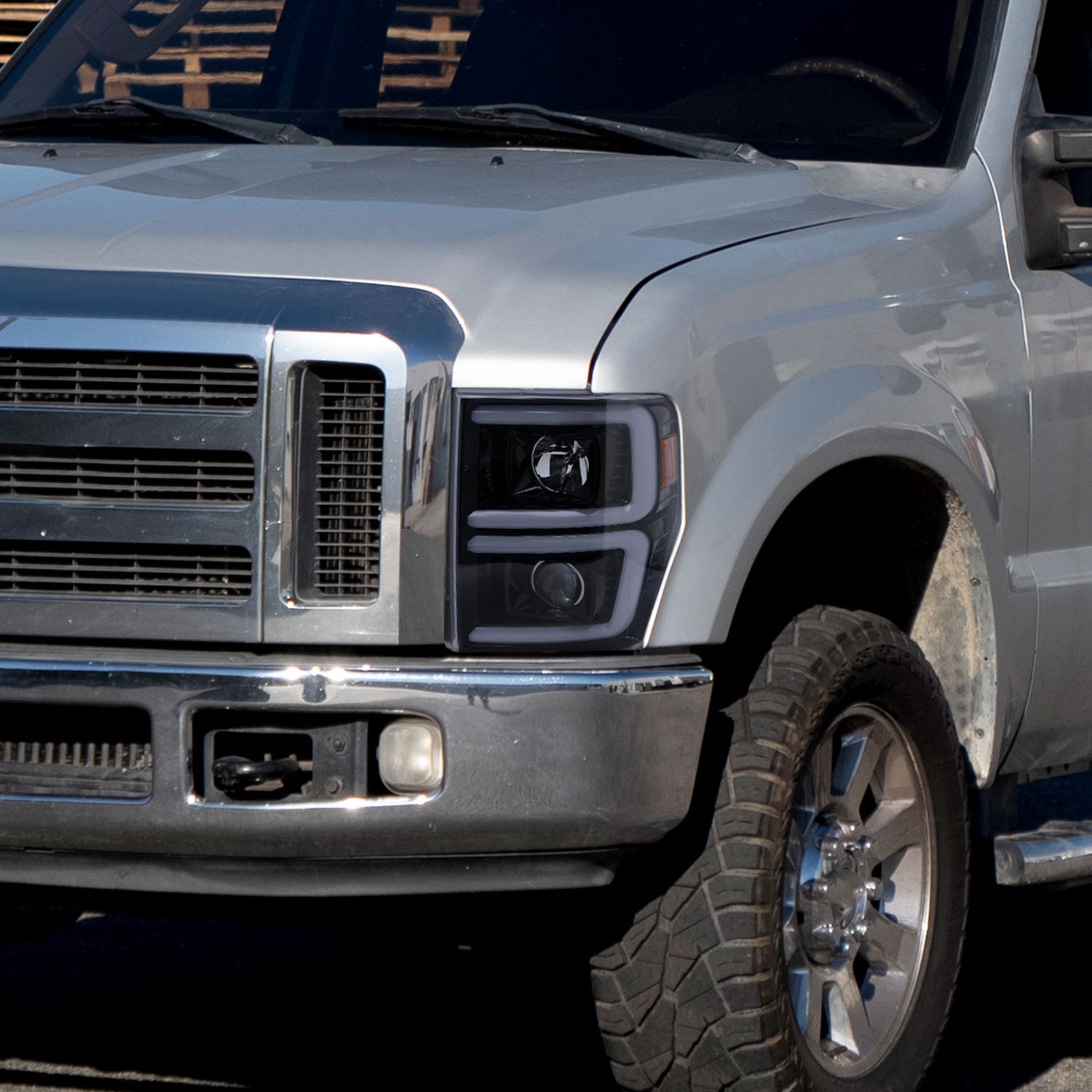 2008-2010 Ford F-250/350/450/550 LED Signal Bar Projector Headlights Smoke