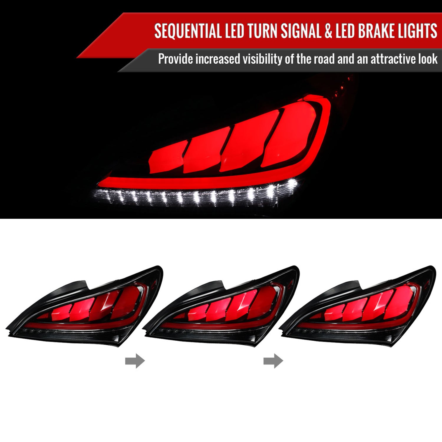 2010-2016 Hyundai Genesis Coupe Red Bar LED Tail Lights Jet Black/Clear
