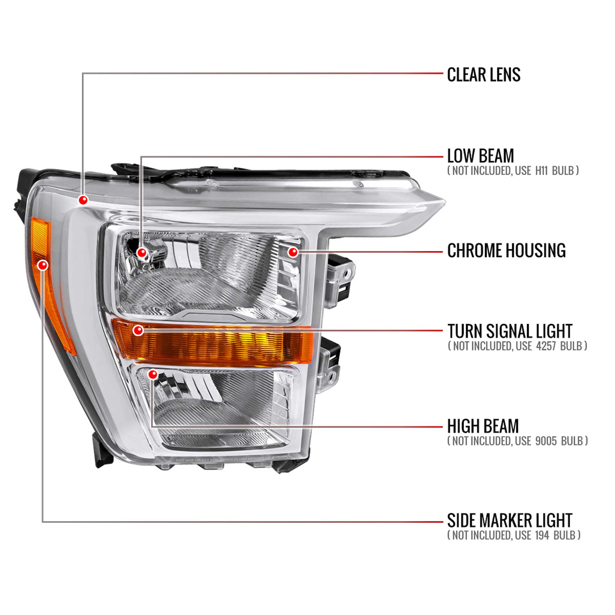 For Ford F-150 2021-2023 Factory Style Headlight Chrome Housing Clear Lens Passenger Side Only