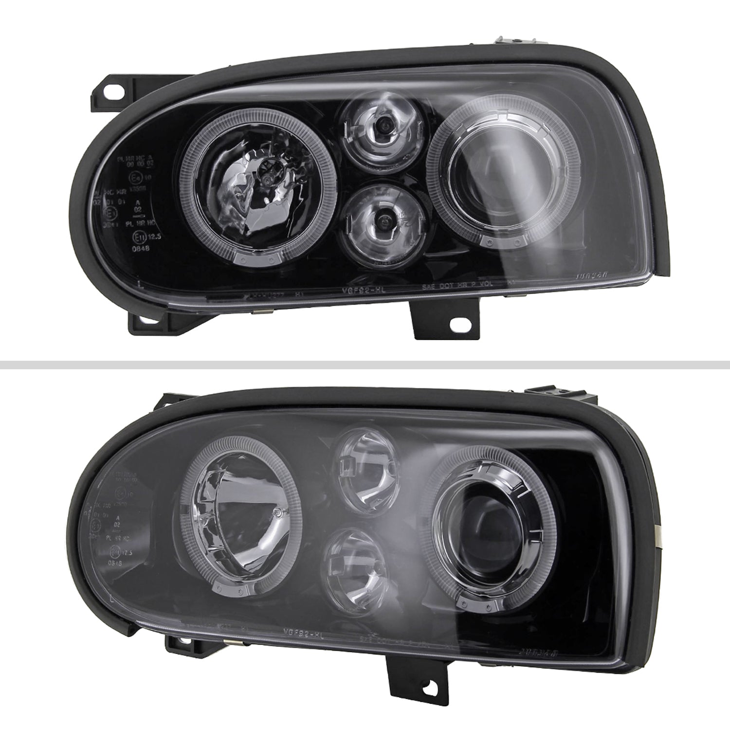 1993-1998 VW Golf Mk3/Cabrio Dual Halo Projector Headlights Black/Smoke