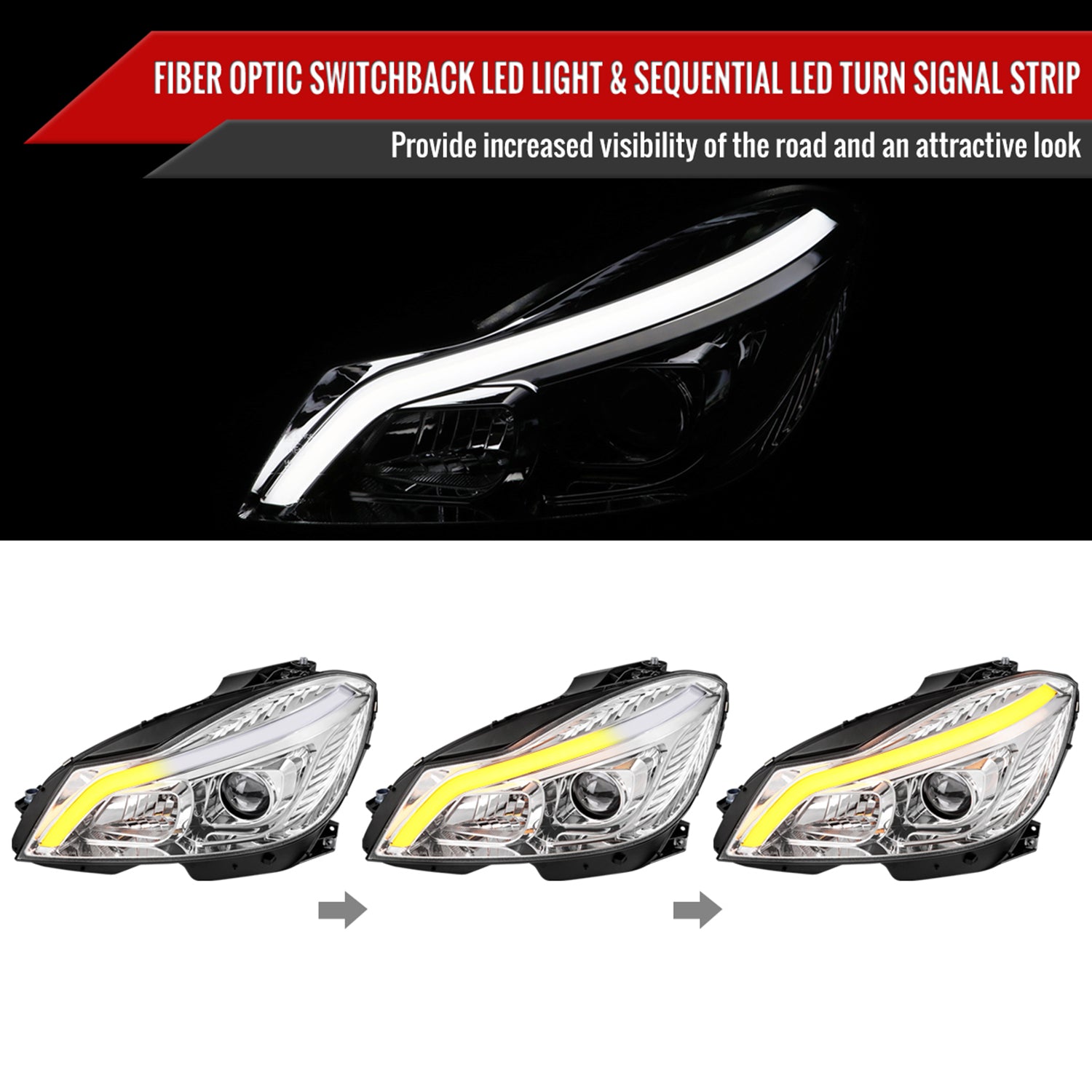 2012-2014 Mercedes-Benz W204 C-Class LED Bar Projector Headlights Chrome