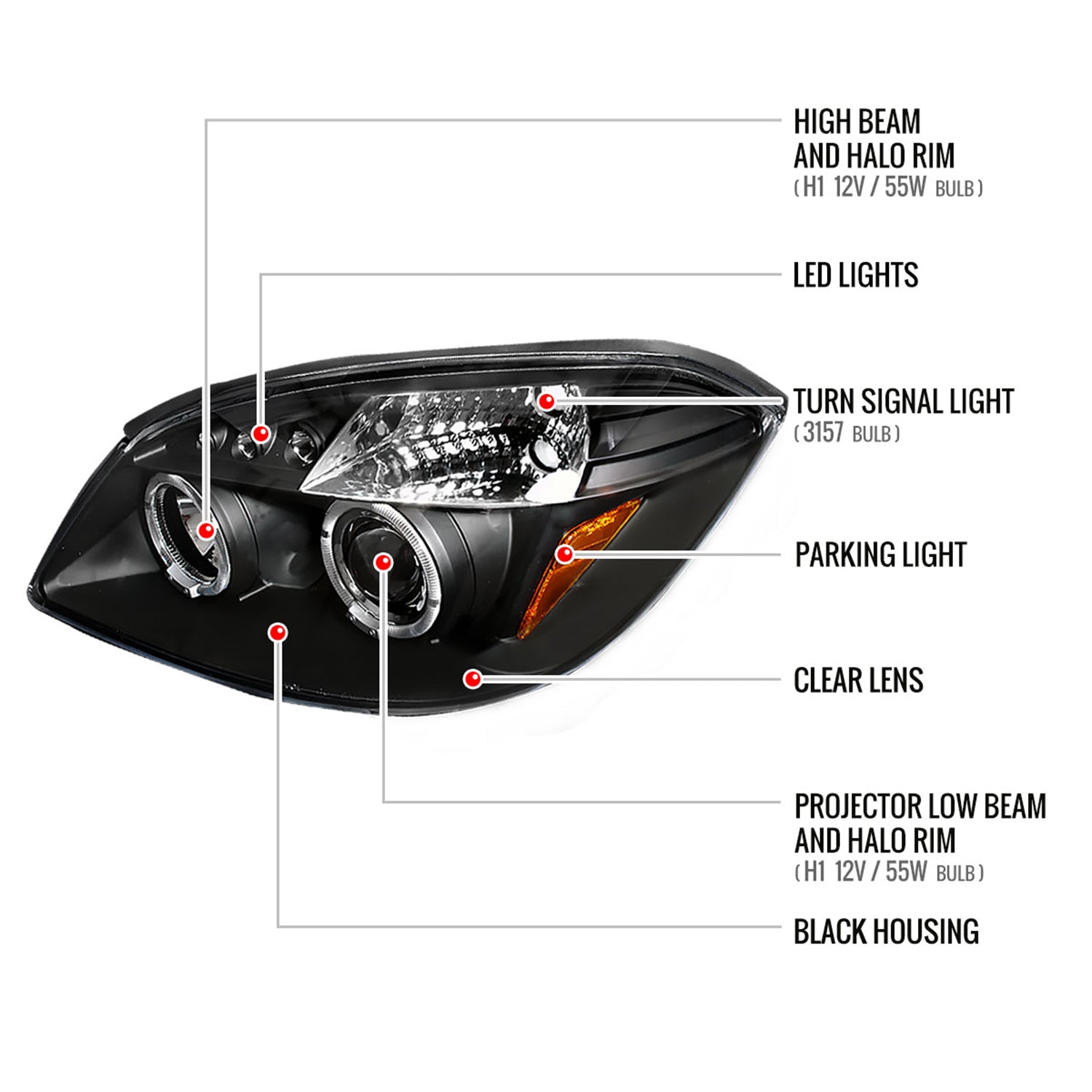 2005-2010 Chevy Cobalt Pontiac G5/Pursuit Dual Halo Projector Headlights Black