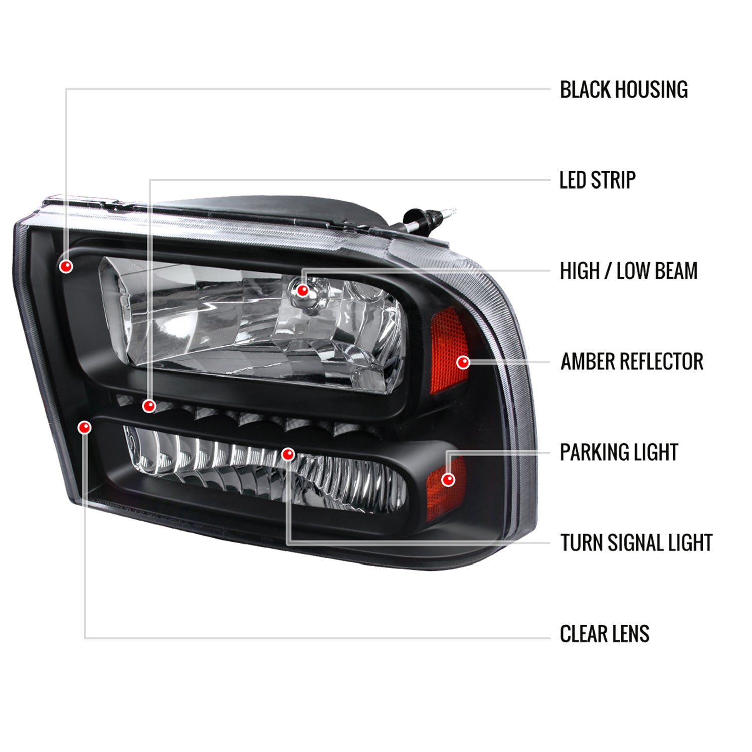 1999-2004 Ford F-250/350/450/550/Excursion Crystal Headlights LED Light Black