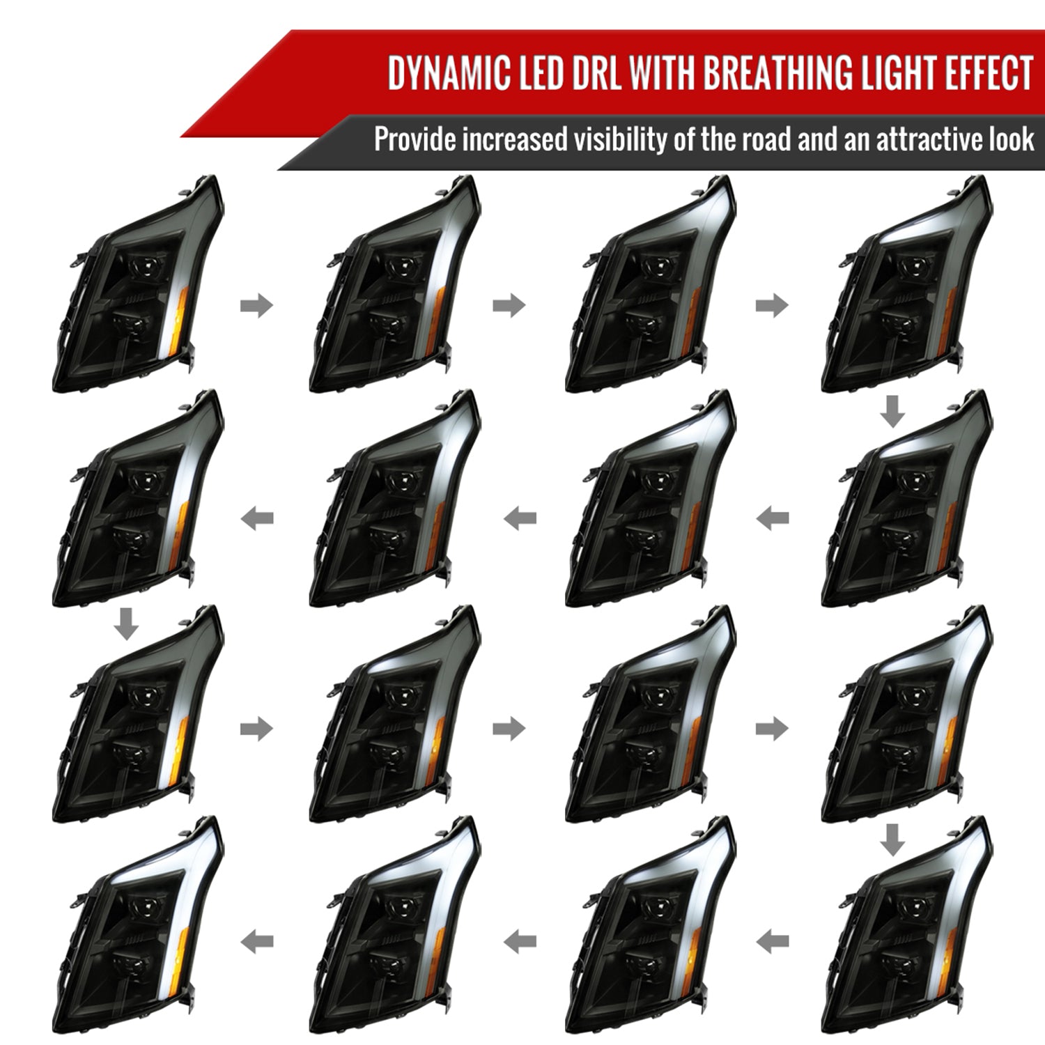 2010-2016 Cadillac SRX LED Projector Headlights Turn Signal Bar Black