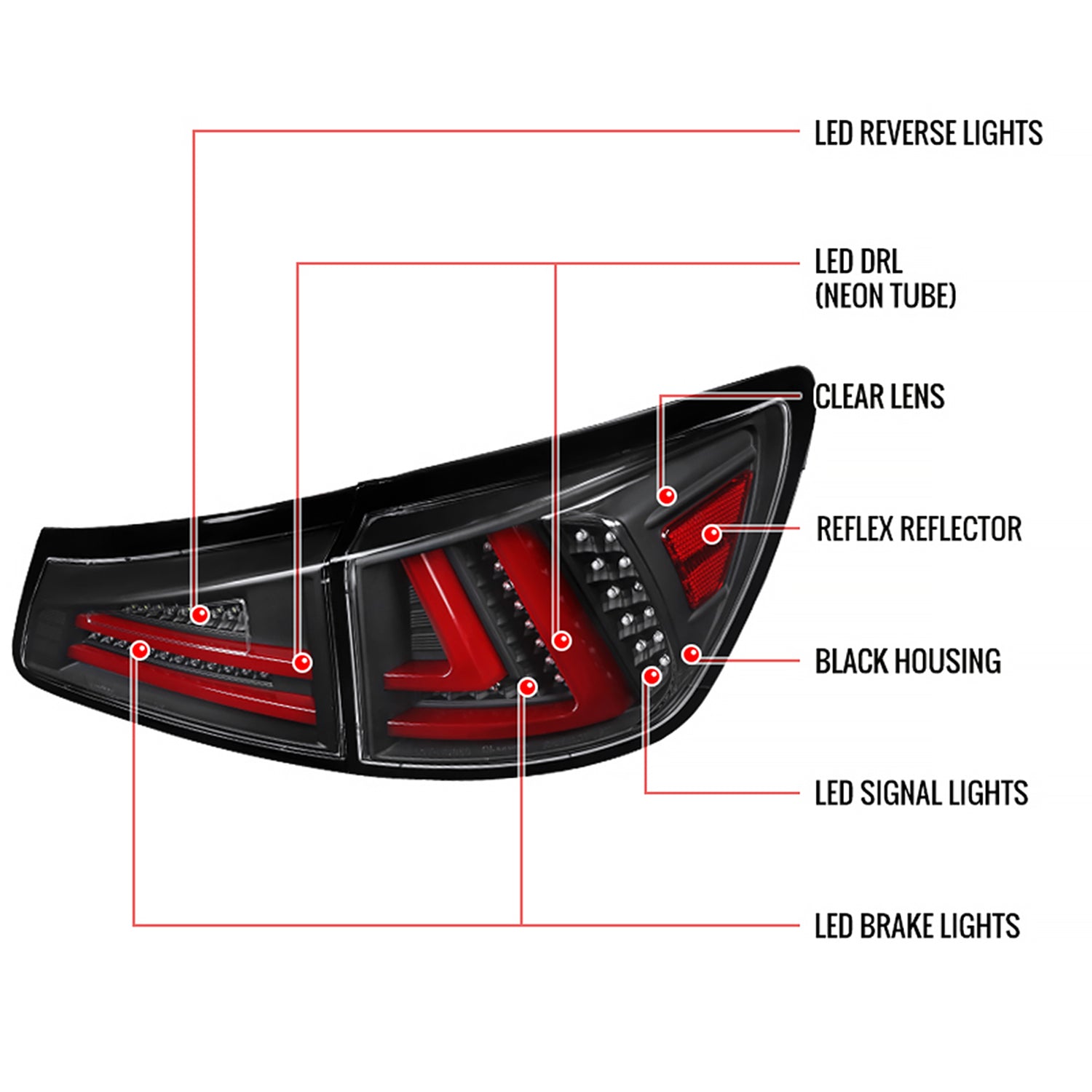 2006-2008 Lexus IS250/IS350 LED Tail Lights & Trunk Lights Black/Clear Lens