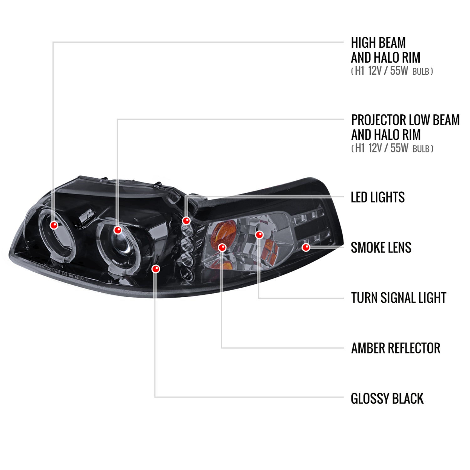 1999-2004 Ford Mustang Dual Halo Projector Headlights Glossy Black/Smoke Lens