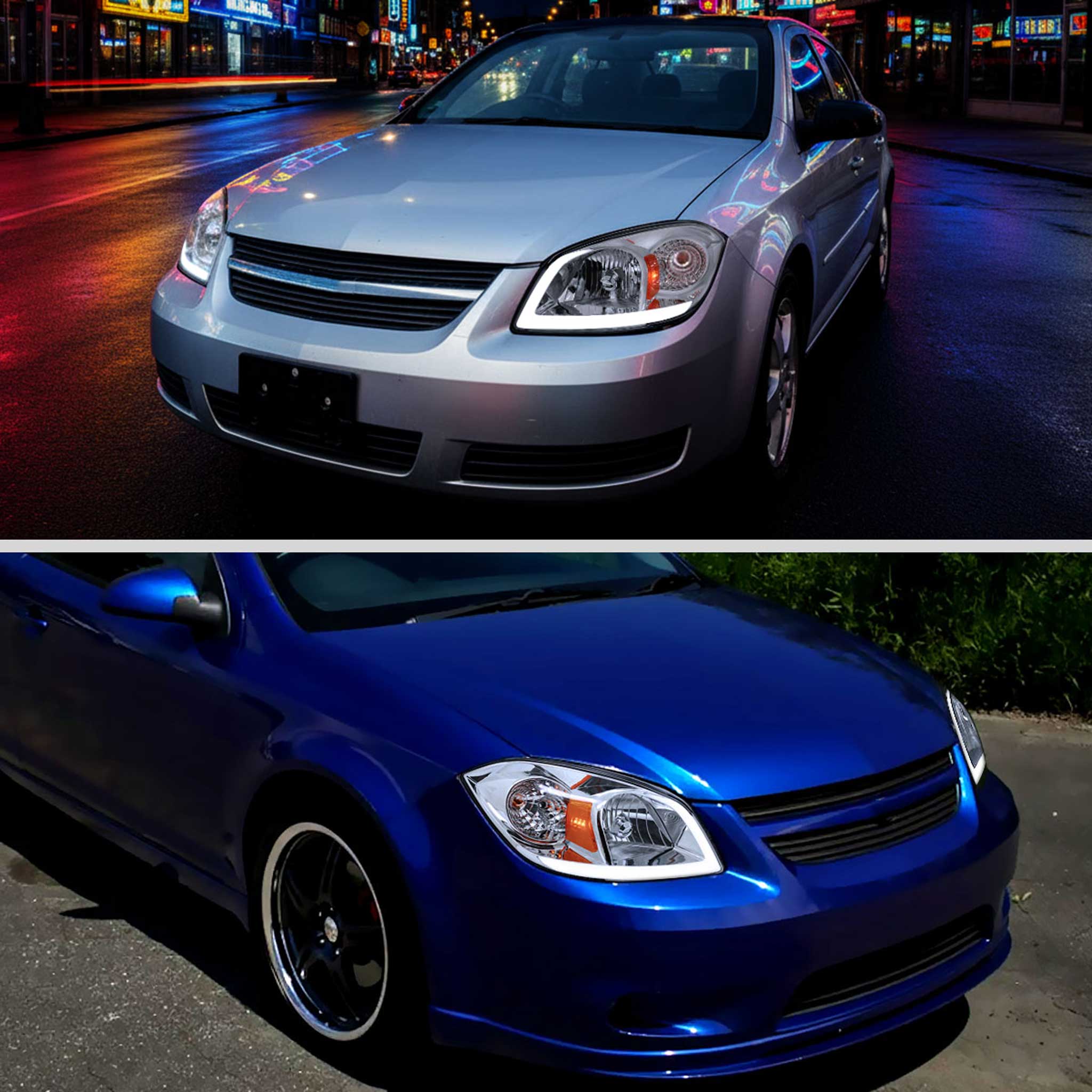 For Chevrolet Cobalt / Pontiac G5 2005-2010 Factory Style Headlights With LED DRL Light Strip Chrome Housing Clear Lens