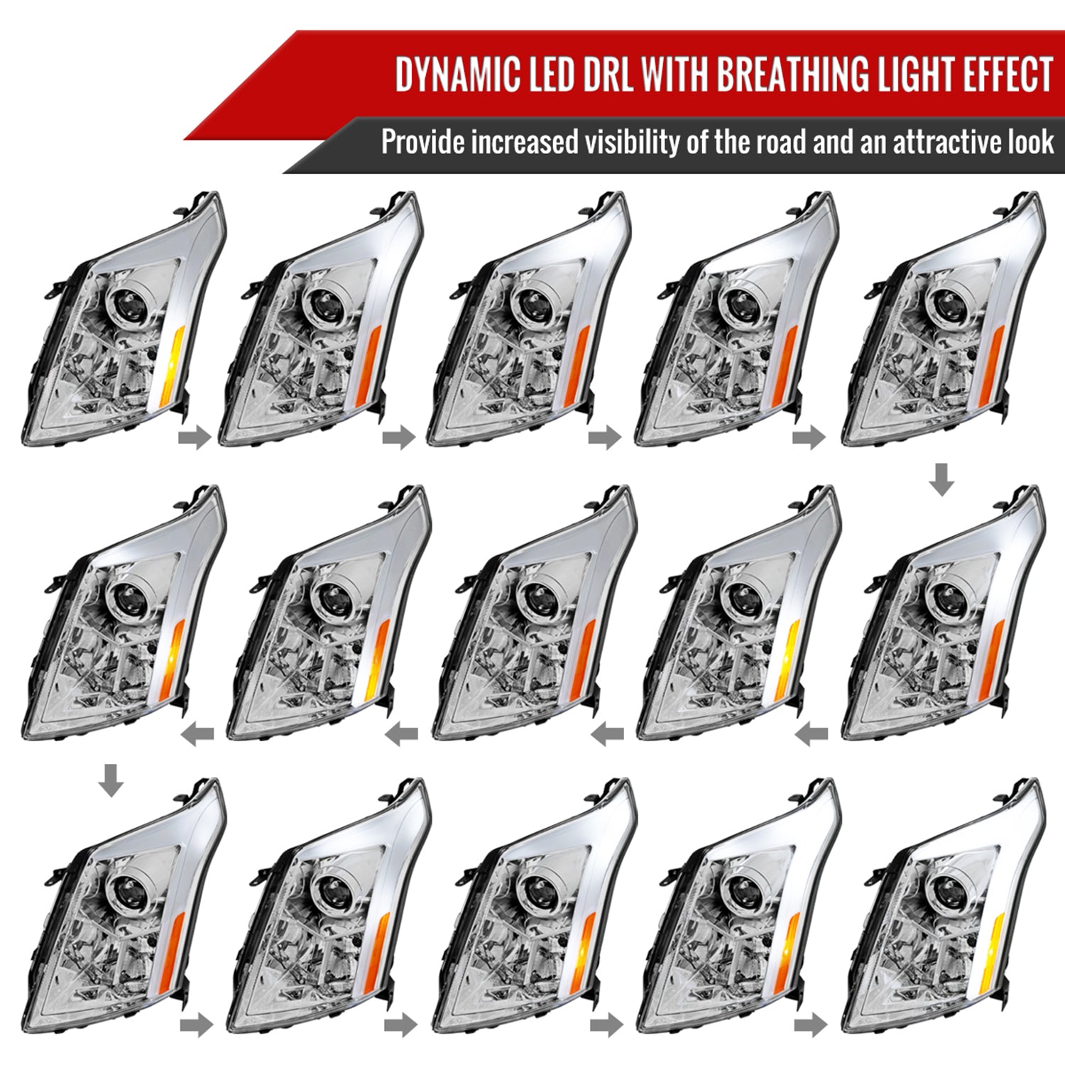 2010-2016 Cadillac SRX Projector Headlights Turn Signal LED Bar Chrome