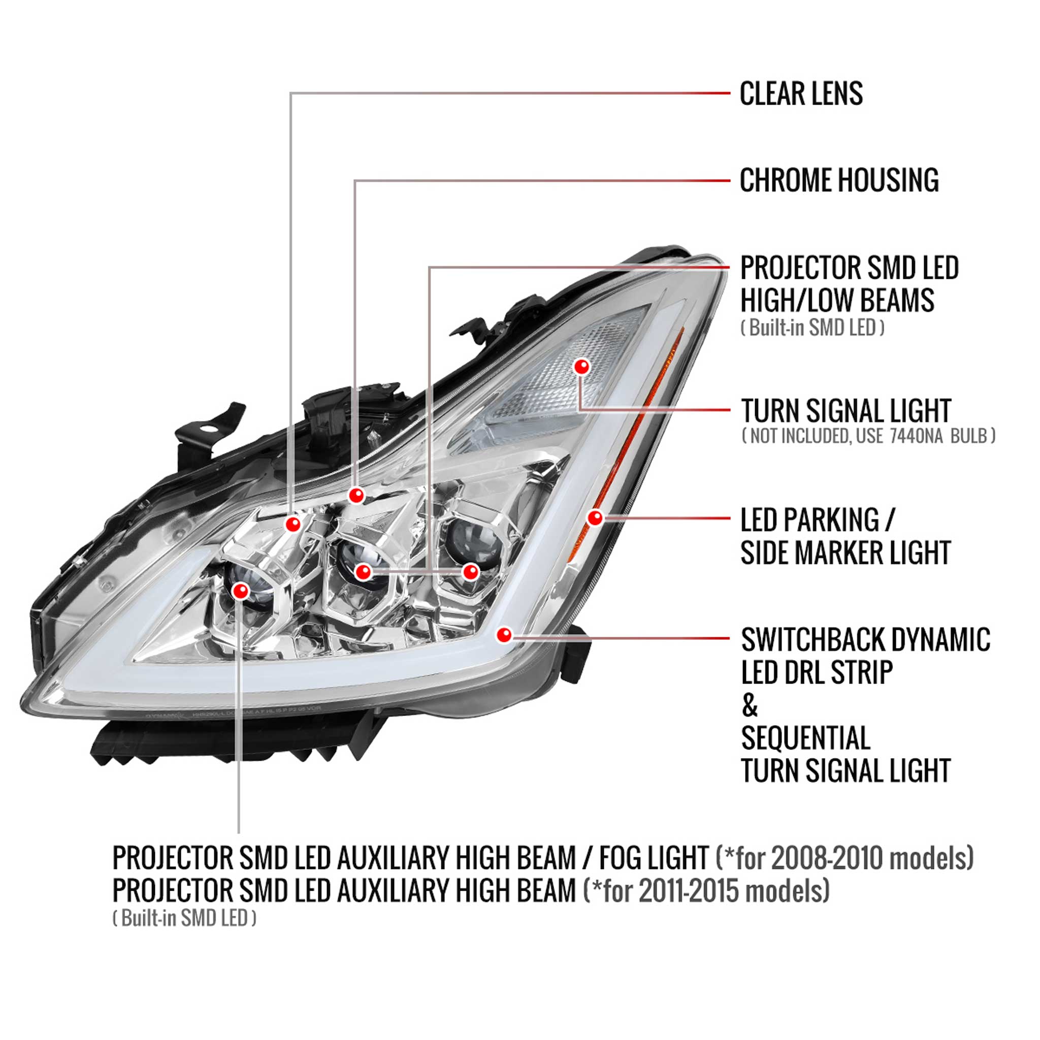 For Infiniti G37 2008-13 / Q60 Coupe 2014-15 LED Triple Projector Headlights Sequential Chrome Housing Clear Lens Switchback
