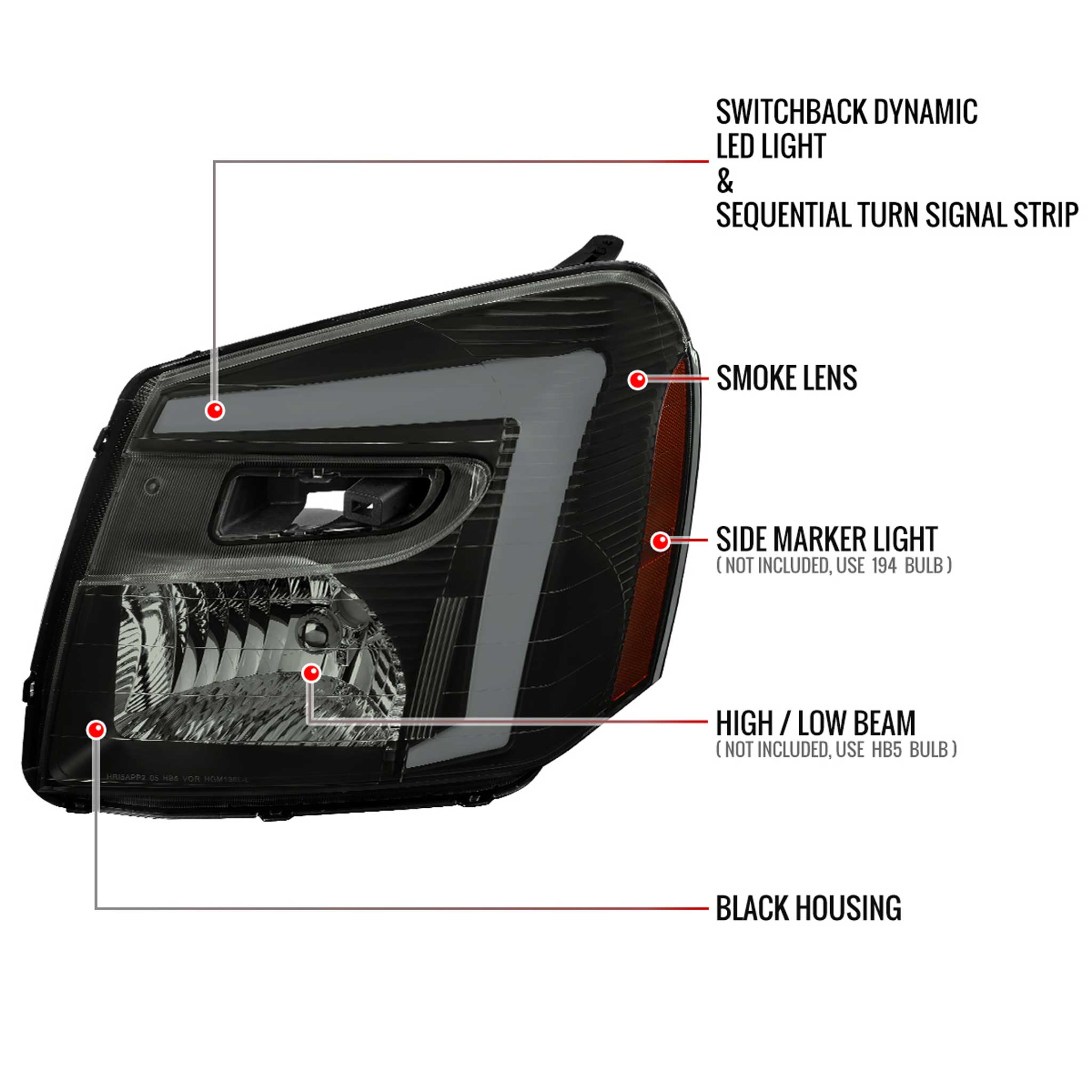 For Chevrolet Equinox 2005-2009 Headlights Switchback LED Bar Turn Signal Matte Black Housing Smoked Lens