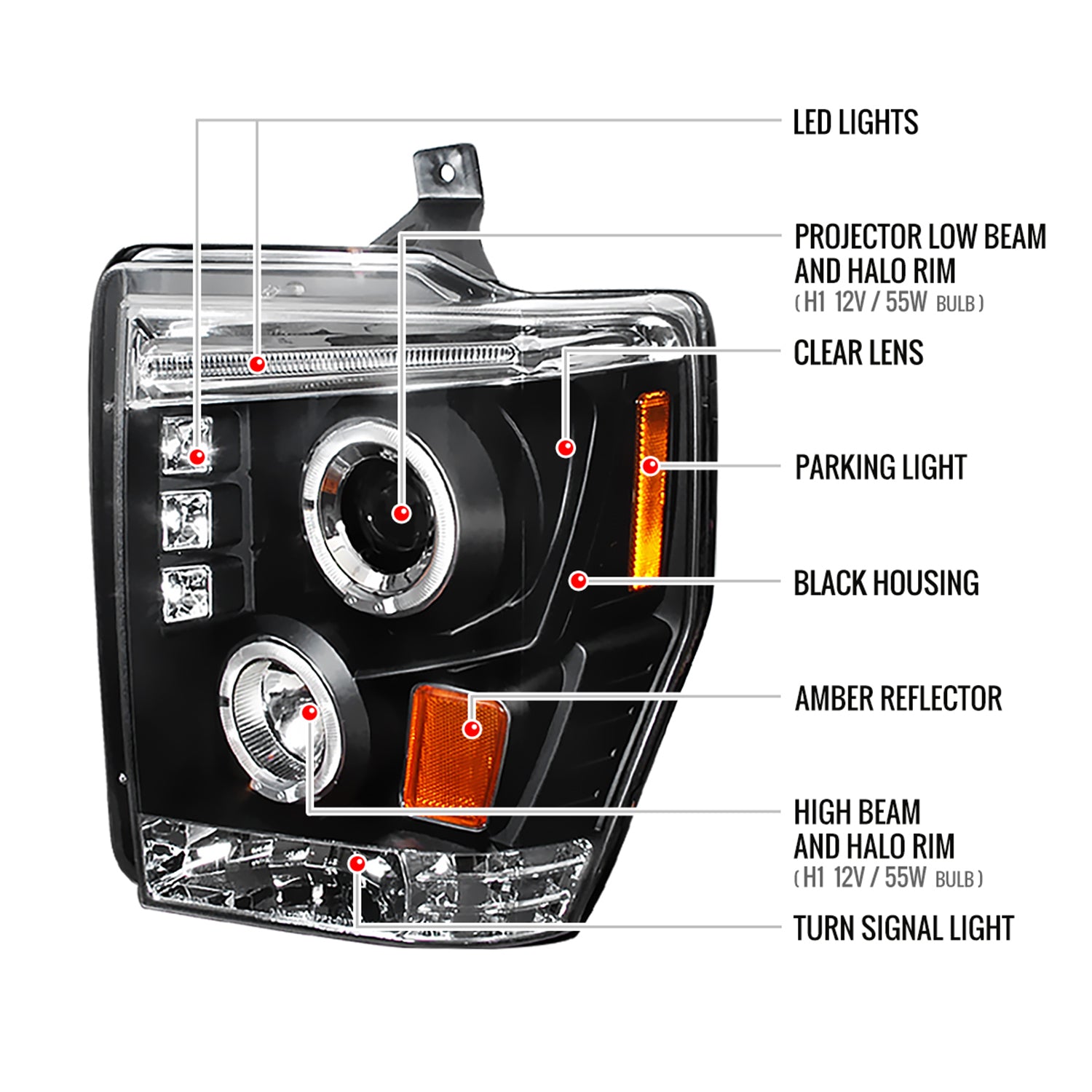 2008-2010 Ford F-250 F-350 F-450 Dual Halo Projector Headlights Matt Black