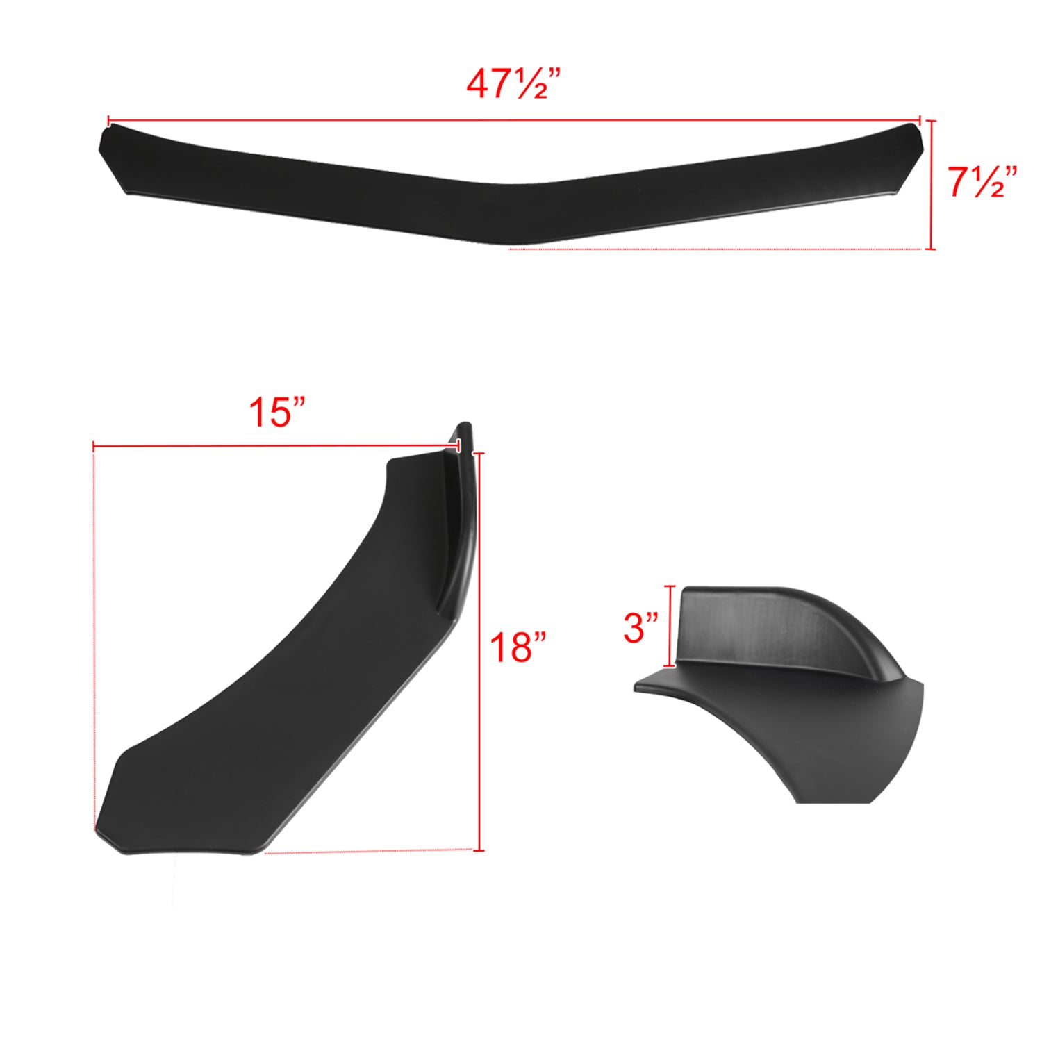 Universal Matte Black Polypropylene 3Pcs Bumper Lip Body Kit Splitter Spoiler