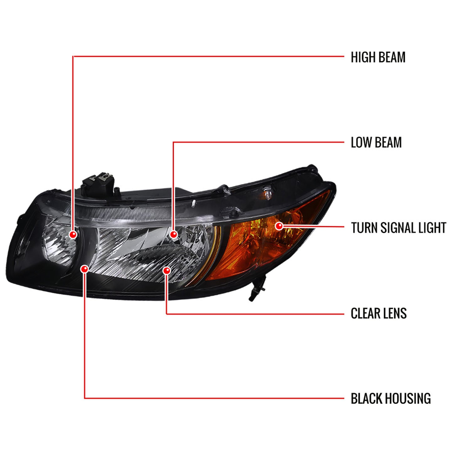 2006-2011 Honda Civic Coupe Factory Style Crystal Headlights Matte Black/Clear