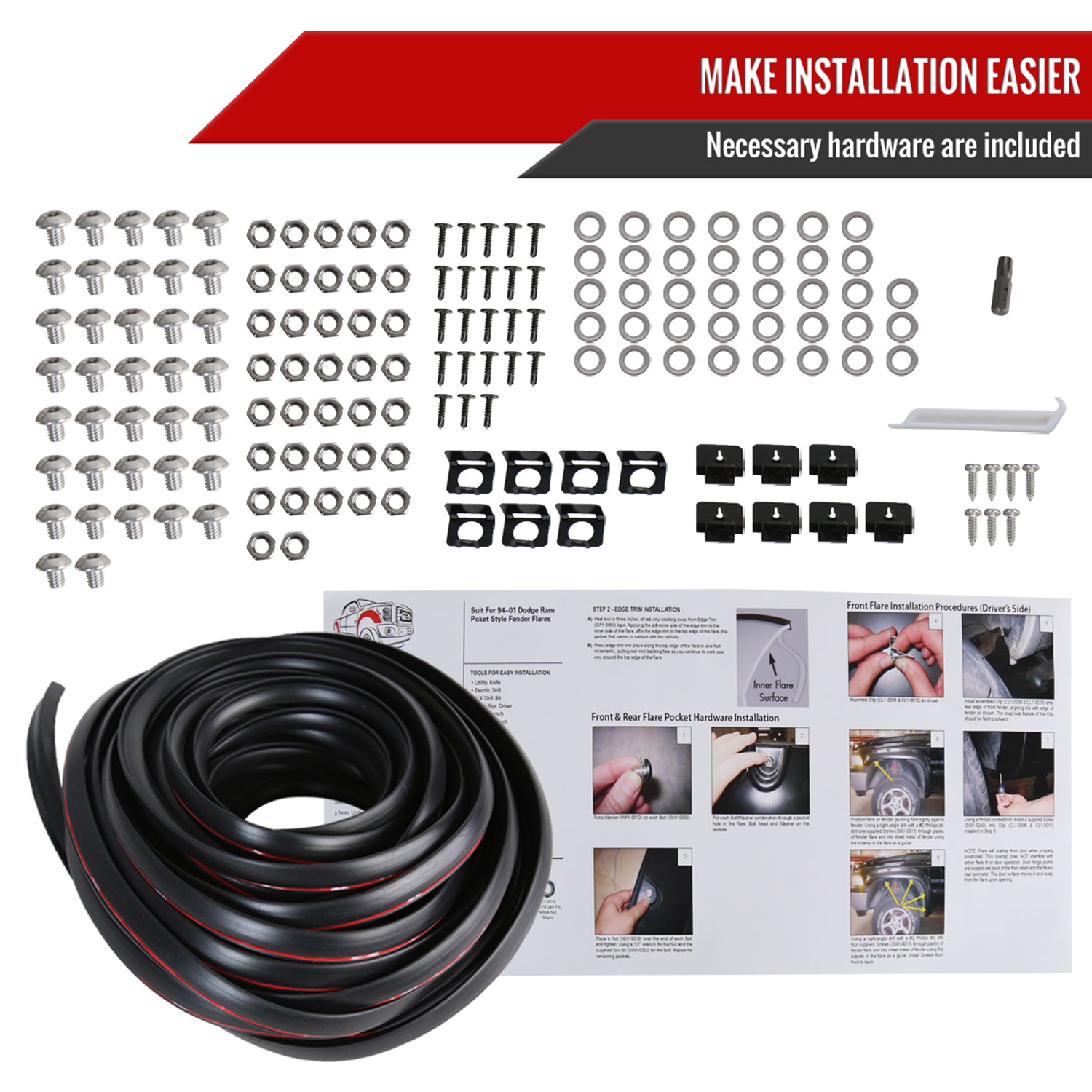 1994-2001 Dodge RAM 1500 2500 3500 Smooth Rivet Style Fender Flares