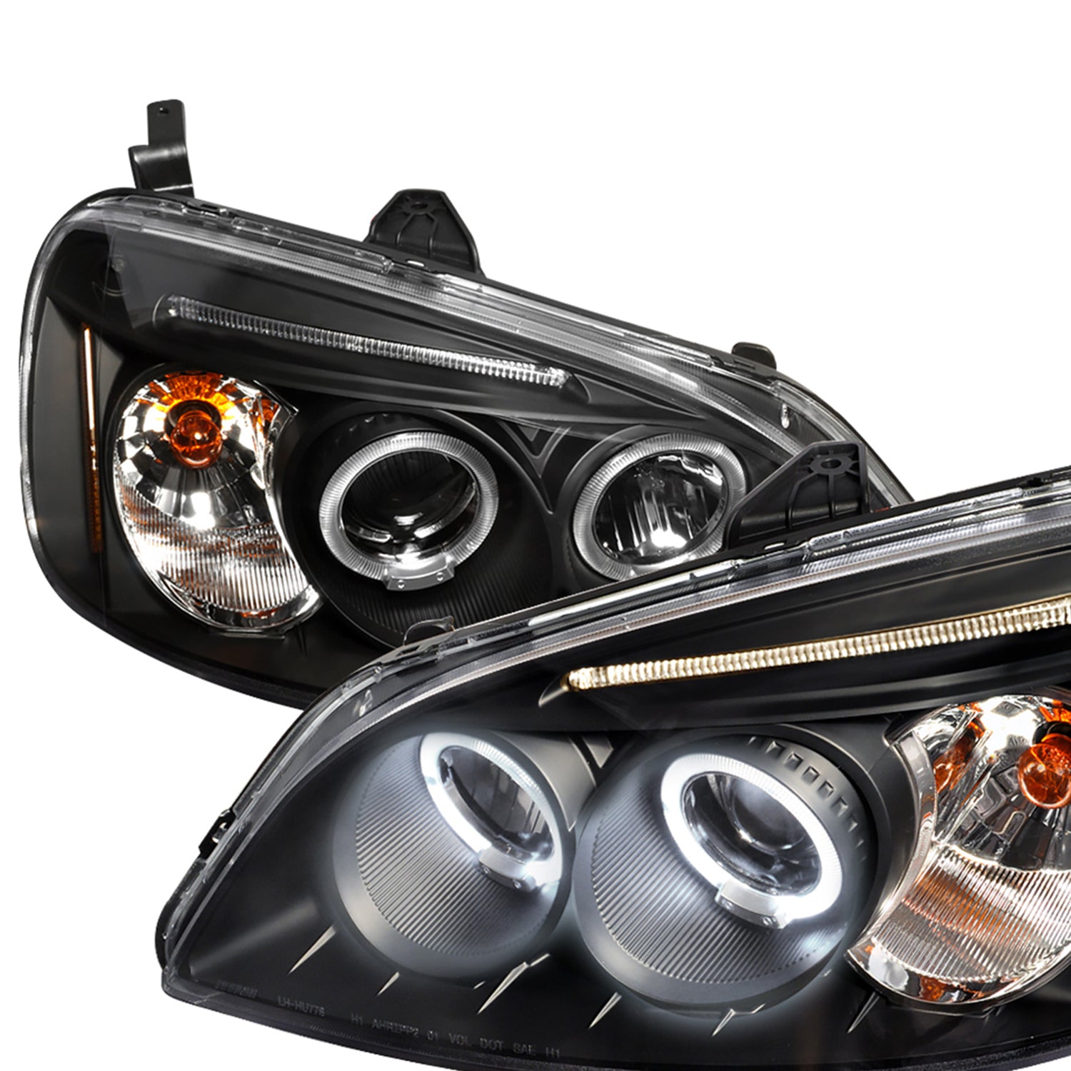 2001-2003 Honda Civic Dual Halo Projector Headlights Matte Black/Clear Lens