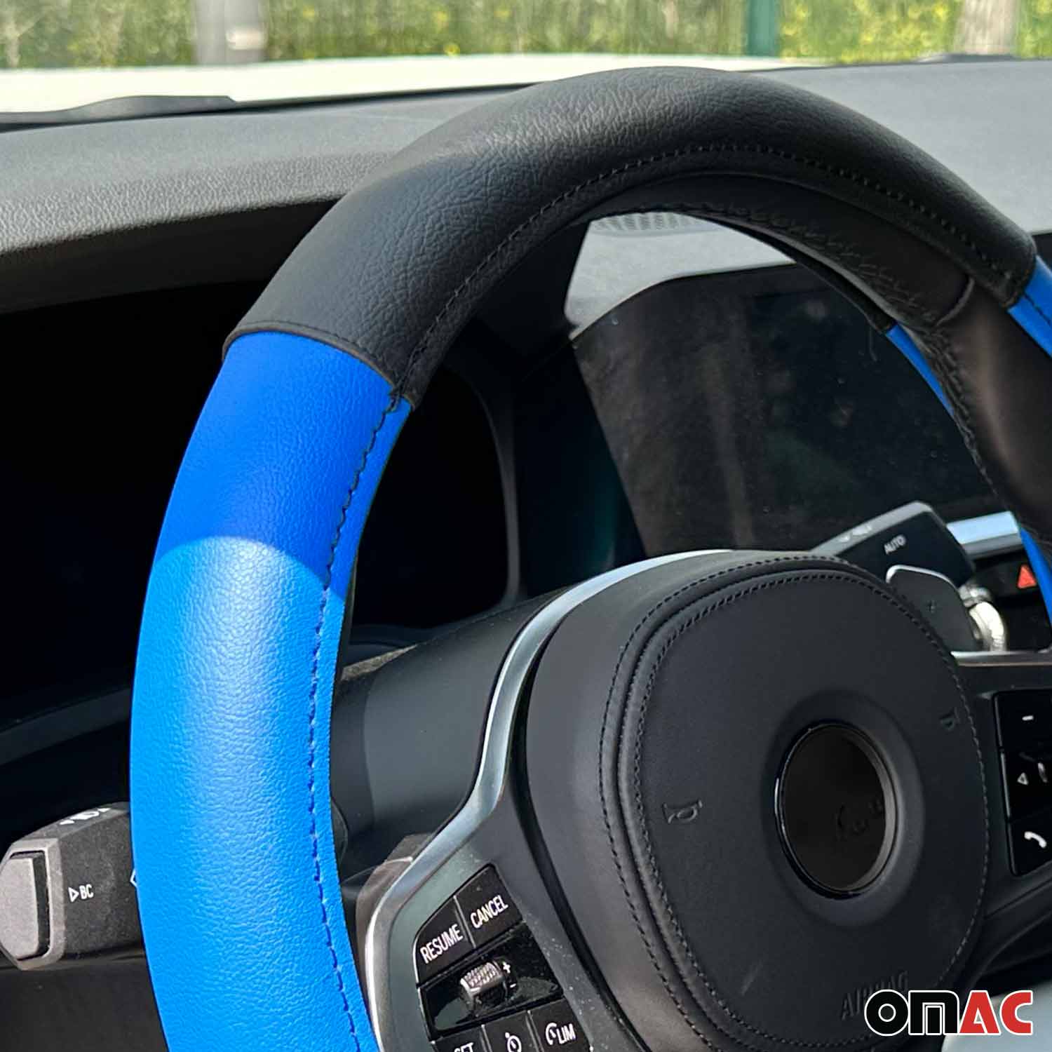 14.5-15.5’’ Steering Wheel Cover Blue Black Leather Anti-slip Breathable