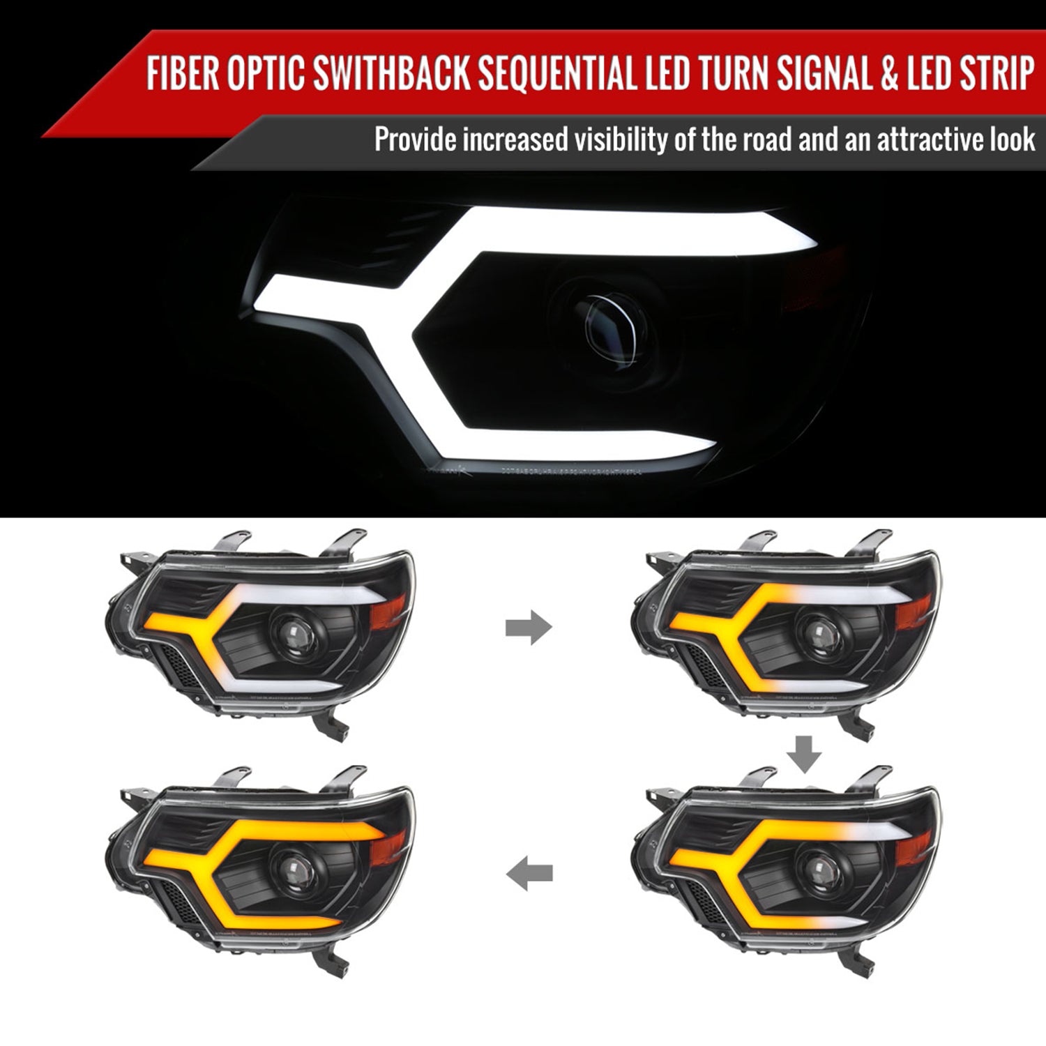 2012-2015 Toyota Tacoma Sequential LED Bar Projector Headlights Matt Black