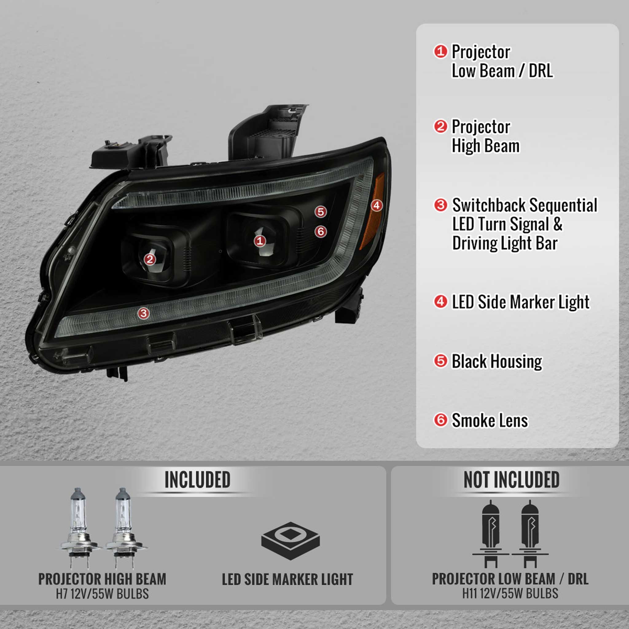 For Chevrolet Colorado 2015-2022 Headlights LED DRL Light Strip Turn Signal Side Marker Black Housing Smoked Lens