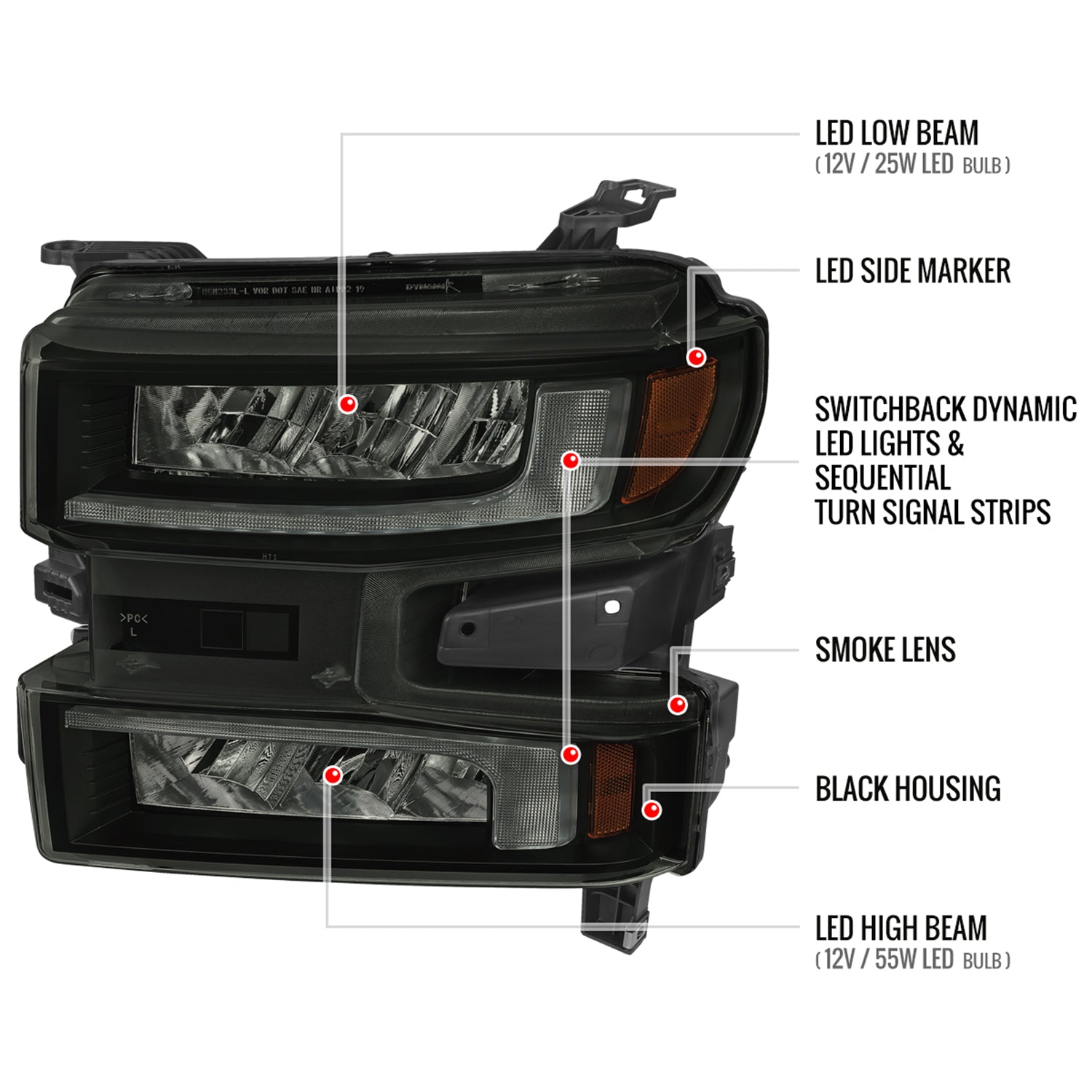 2019-2021 Chevy Silverado 1500 Full LED Projector Headlights LED Signal Smoke