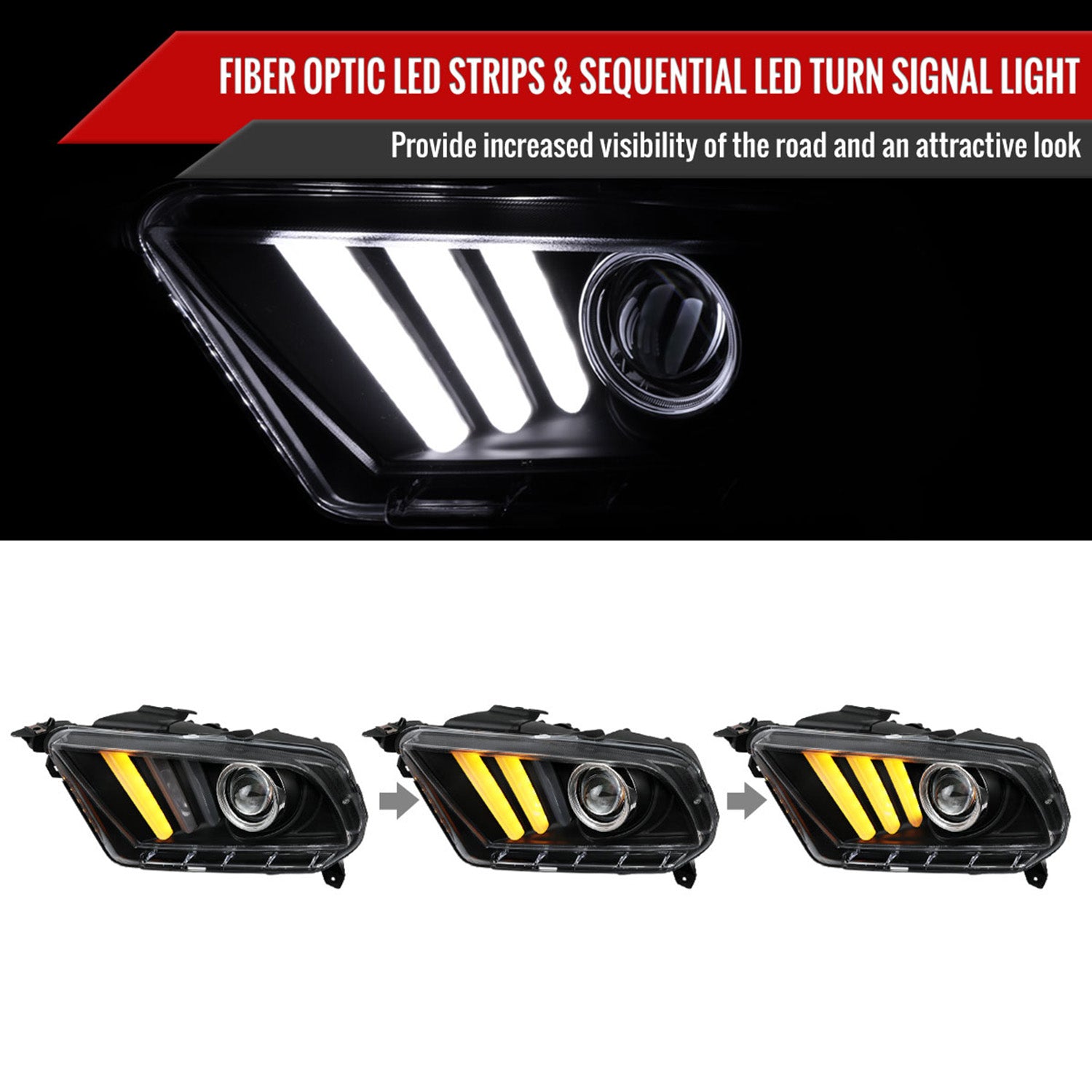 2010-2014 Ford Mustang LED Bar Projector Headlights Turn Signal Lights Black