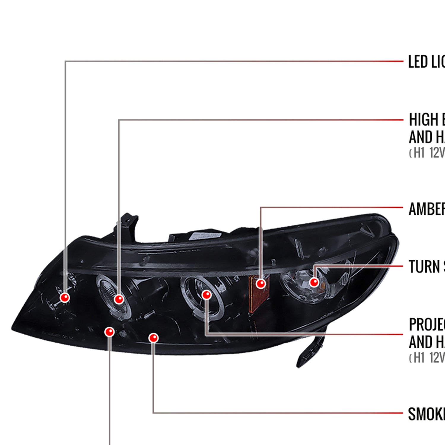 2006-2011 Honda Civic Sedan Dual Halo Projector Headlights Glossy Black/Smoke