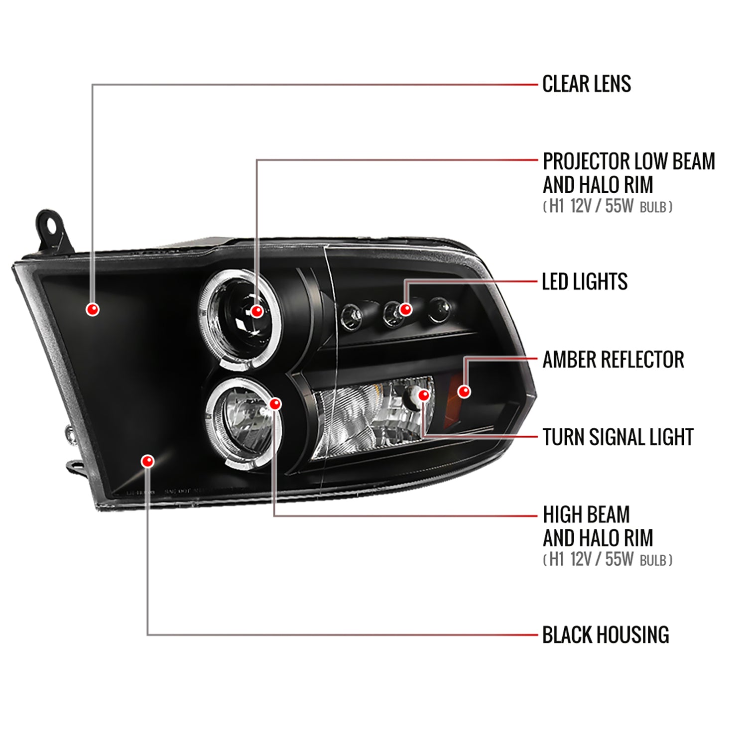 2009-2018 Dodge RAM 1500 / RAM 2500 3500 Dual Halo Headlights Matte Black