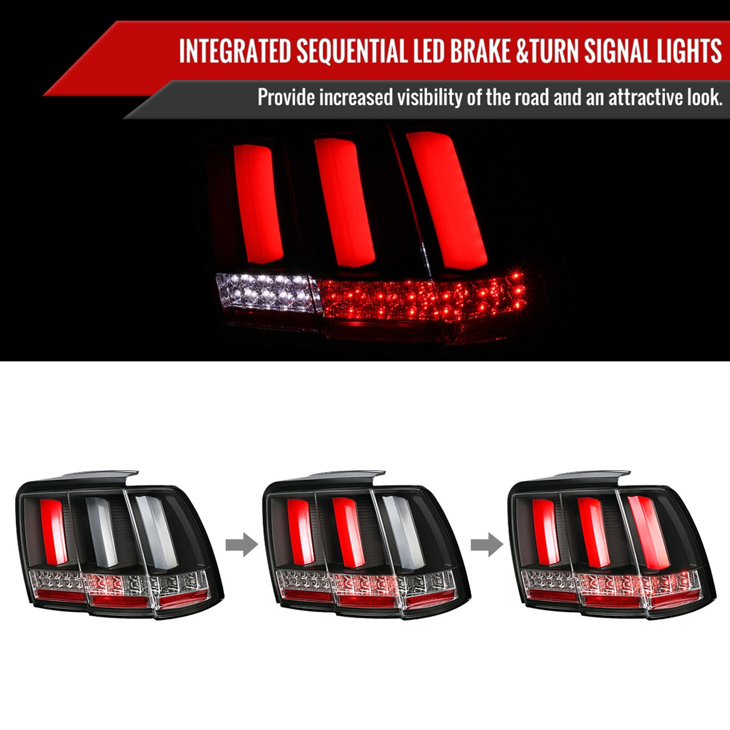 1999-2004 Ford Mustang Sequential LED Tail Lights Matte Black/Clear Lens