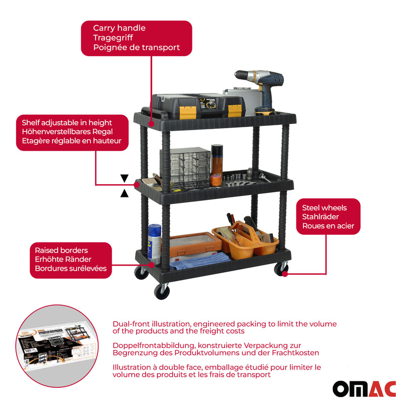 Rolling Cart 3 Tiers Wheels Trolley Workshop Cart Assembly Cart Black 88 lbs