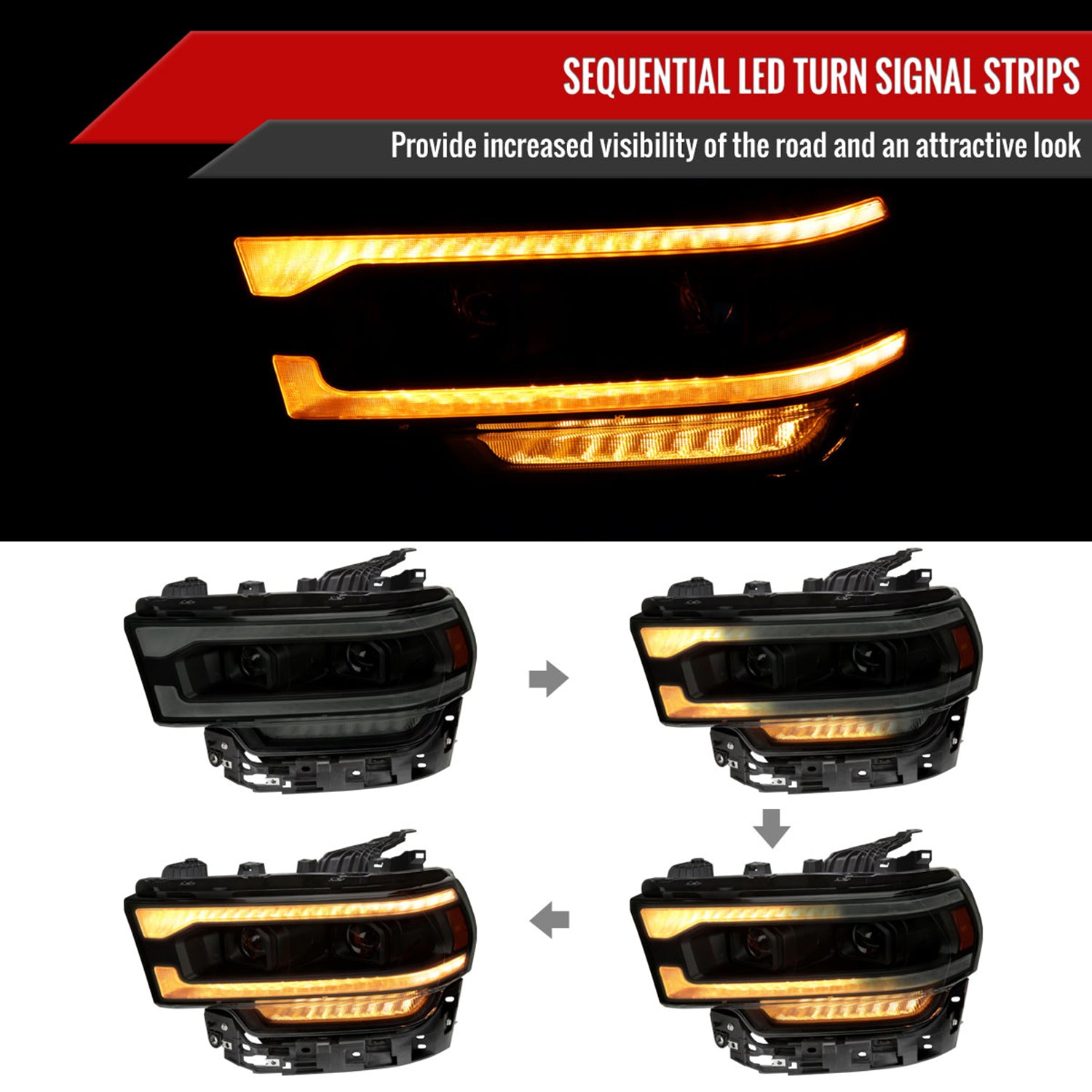 2019-2024 Dodge RAM 2500/3500/4500/5500 LED Signal Projector Headlights Smoke