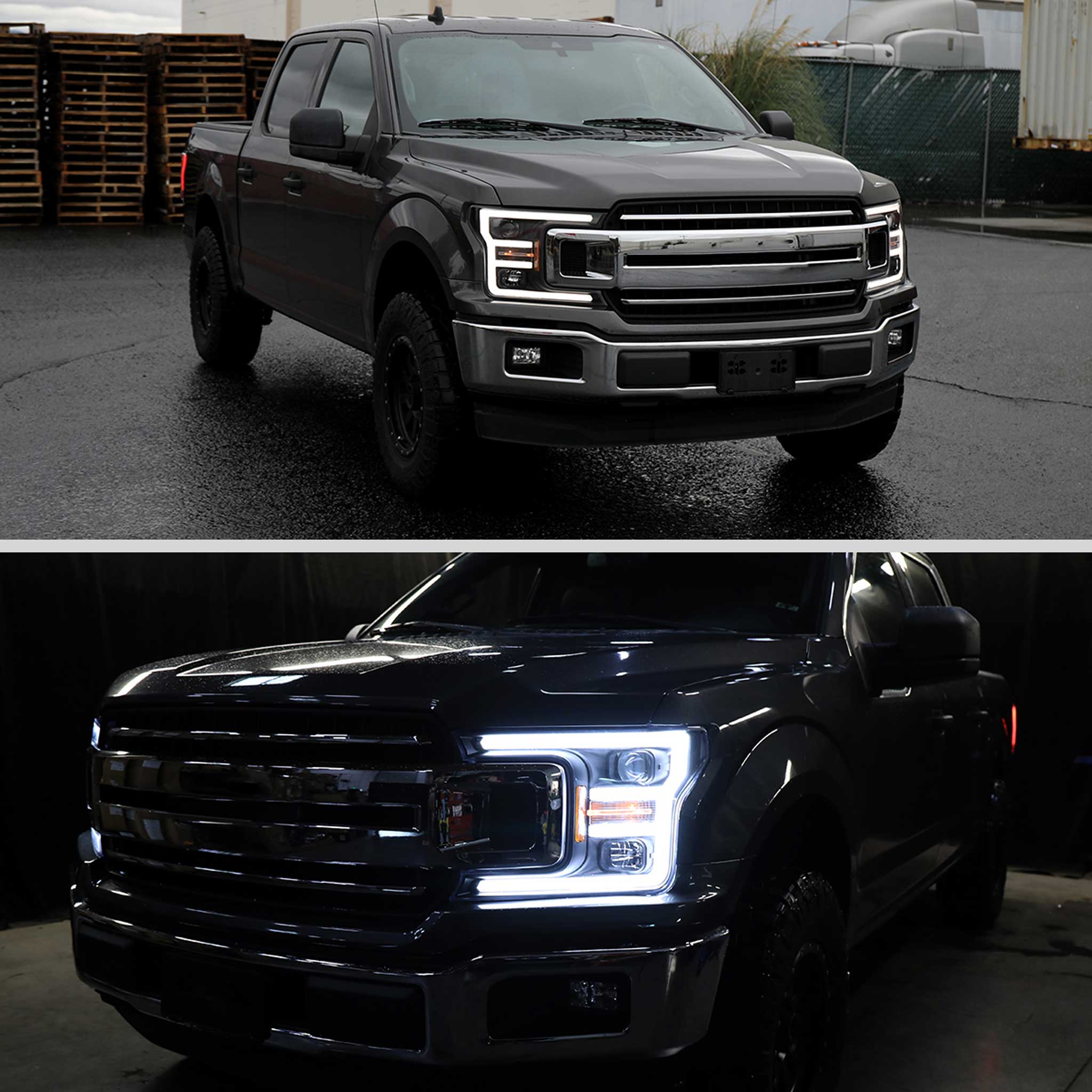 For Ford F-150 2018-2020 LED C Bar Projector Headlights Black Housing Clear Lens