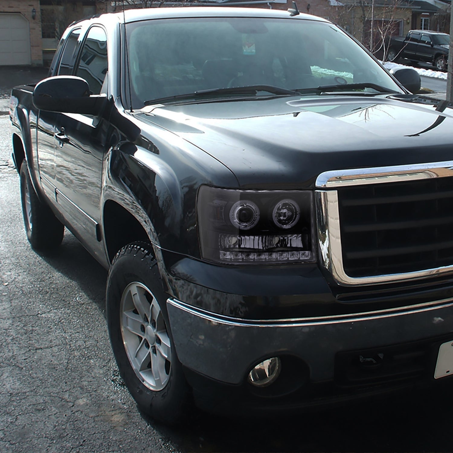 2007-2014 GMC Sierra SMD Dual Halo Projector Headlights Glossy Black/Smoke